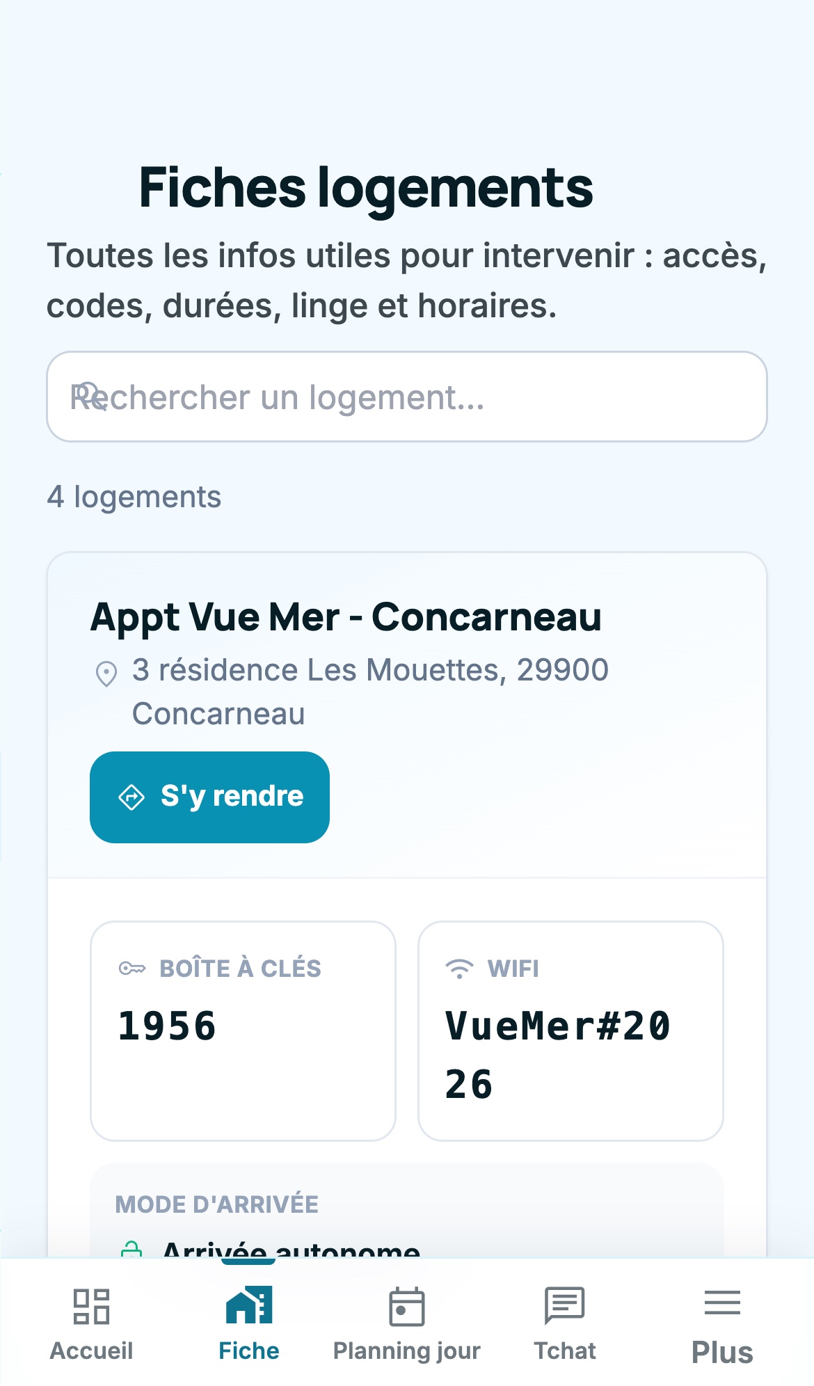 Fiches d'intervention dans l'application d'un prestataire, avec l'onglet Fiche actif dans la barre du bas