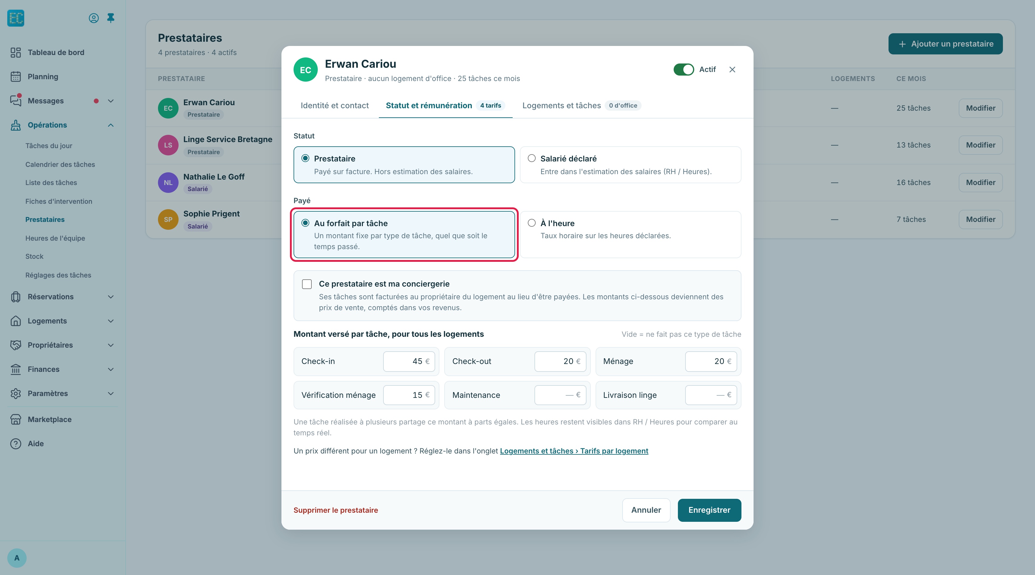 Fiche d'un prestataire, onglet Statut et rémunération : statut Prestataire, Payé Au forfait par tâche (encadré), et la grille Montant versé par tâche avec un montant pour le check-in, le check-out, le ménage et la vérification ménage