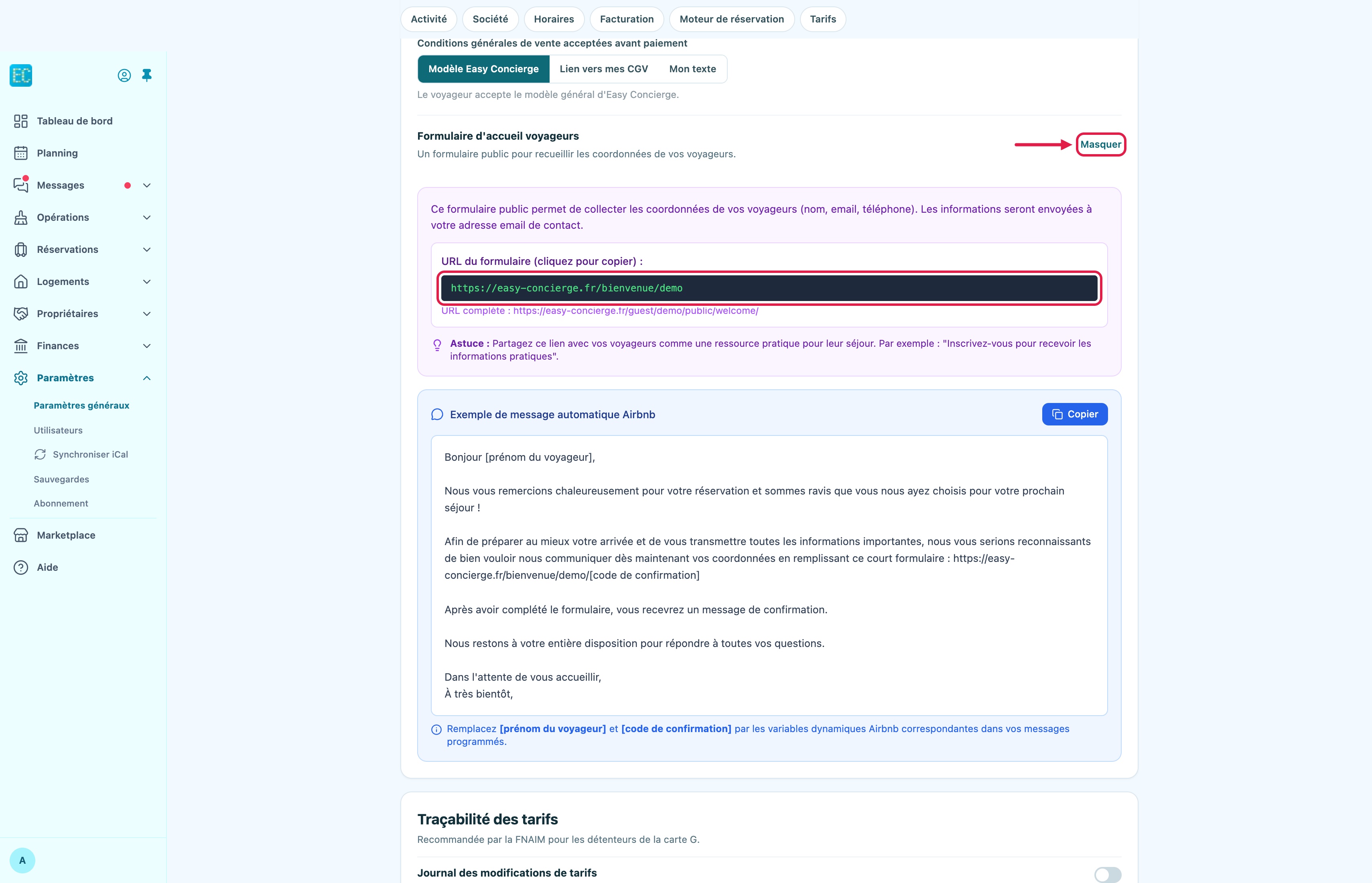 Paramètres, onglet Général, carte Moteur de réservation : ligne Formulaire d'accueil voyageurs dépliée par le lien Configurer, avec l'adresse courte à copier encadrée et l'exemple de message automatique Airbnb