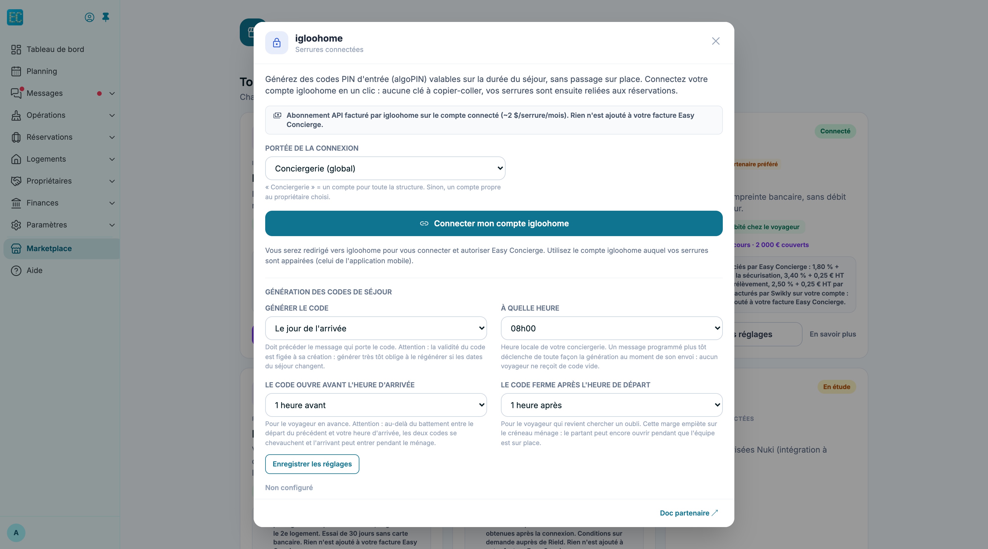 Fiche igloohome du Marketplace : encadré de tarif, liste « Portée de la connexion », bouton « Connecter mon compte igloohome » et bloc « Génération des codes de séjour » avec ses quatre réglages