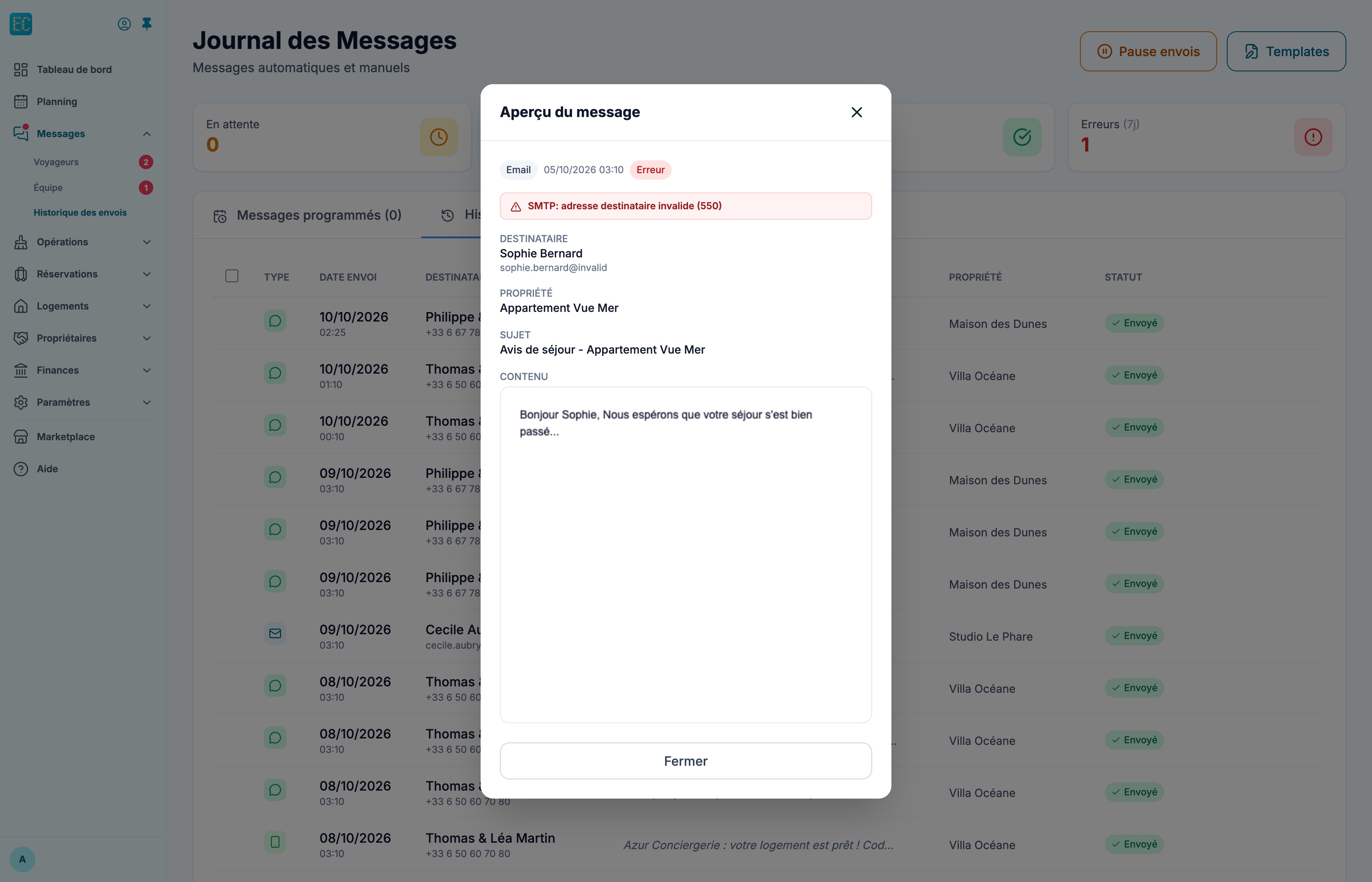 Fenêtre Aperçu du message d'un e-mail en erreur : type, date, badge Erreur, motif SMTP adresse destinataire invalide, destinataire, propriété, sujet et contenu