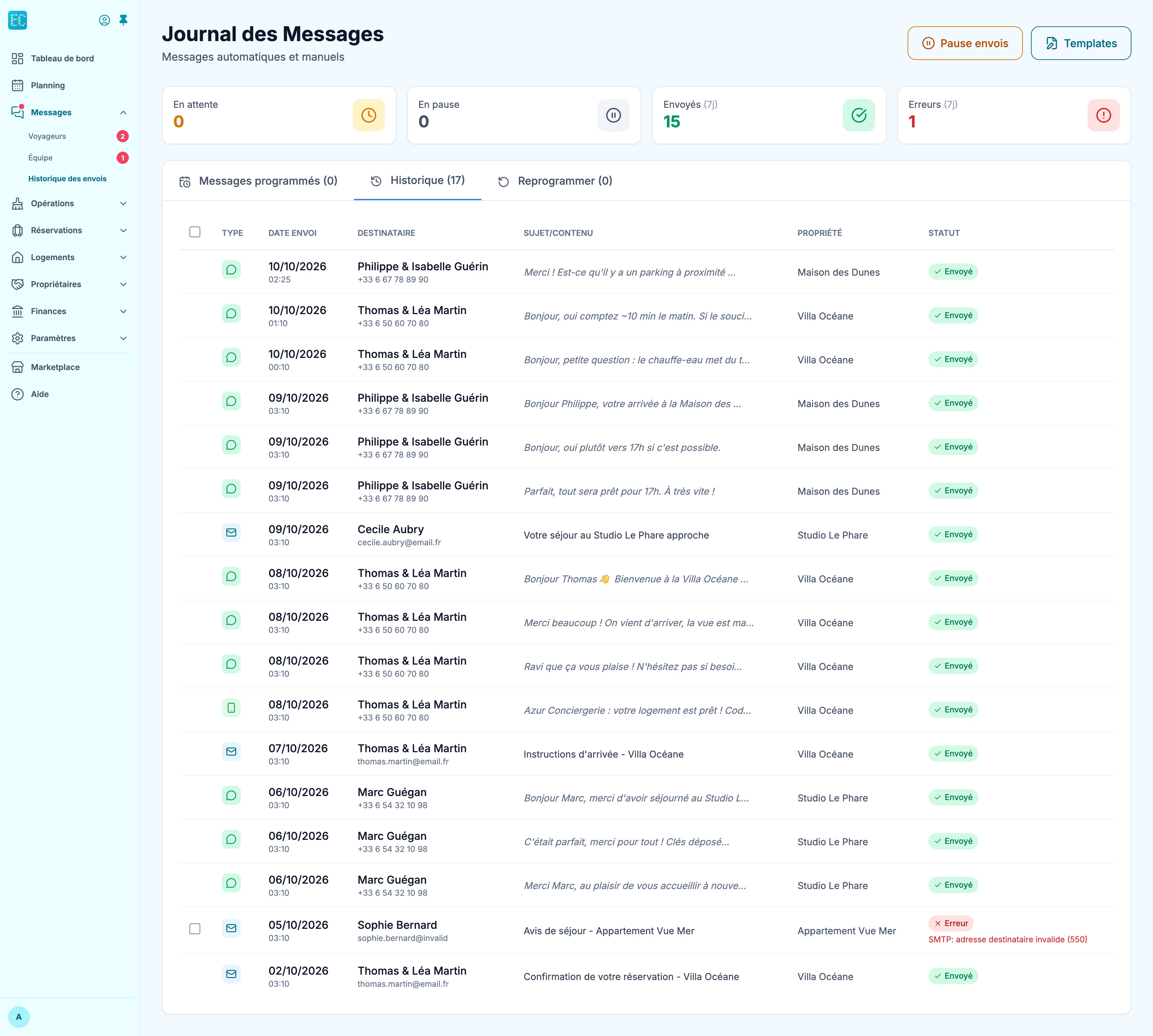 Onglet Historique : liste des derniers messages avec type, date, destinataire, sujet ou début du texte, propriété et statut Envoyé, et en bas une ligne en Erreur avec son motif SMTP en rouge