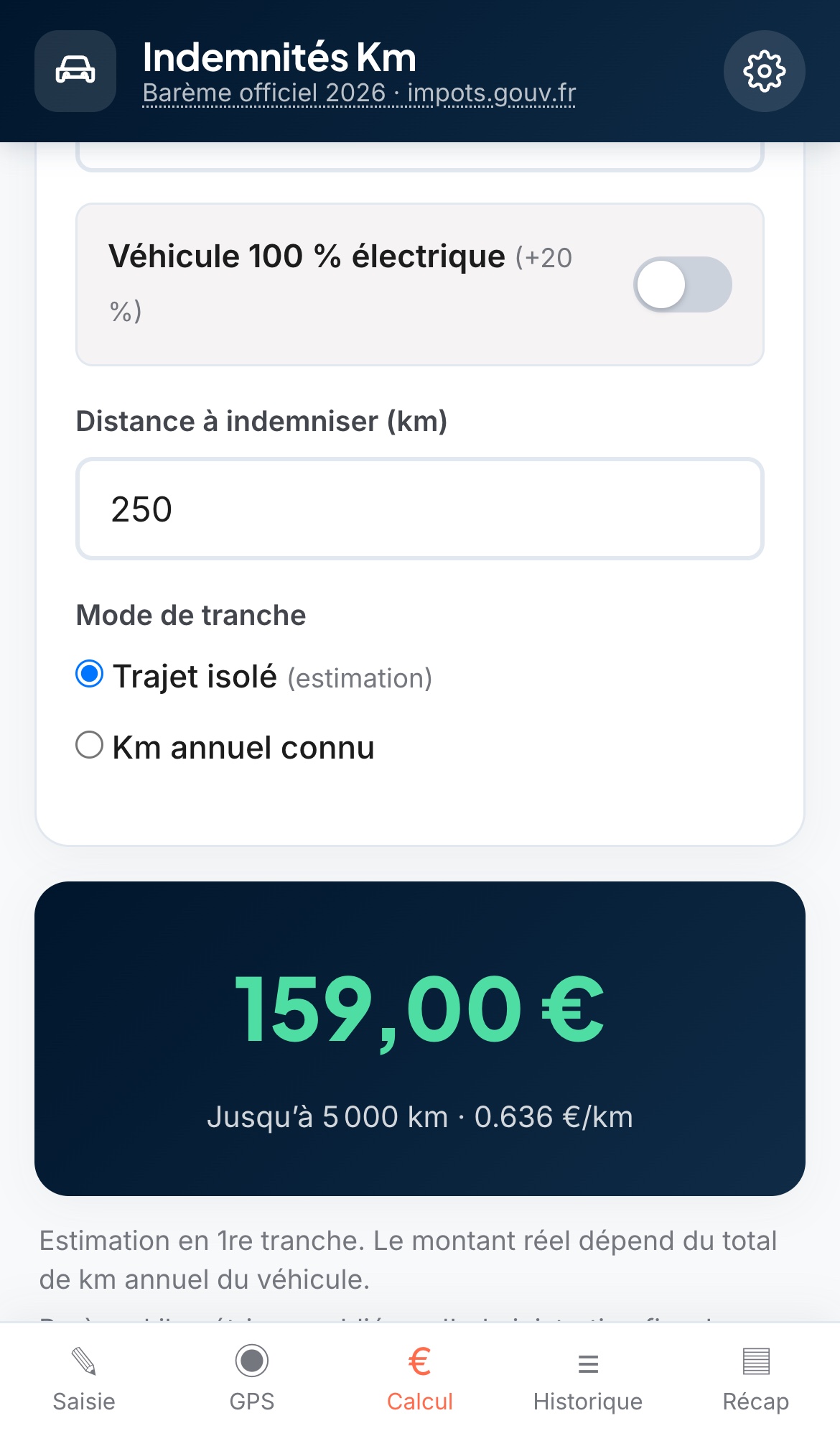 Onglet Calcul : voiture de 5 CV, 250 km à indemniser en trajet isolé, montant de 159,00 euros affiché avec la tranche et le tarif au kilomètre