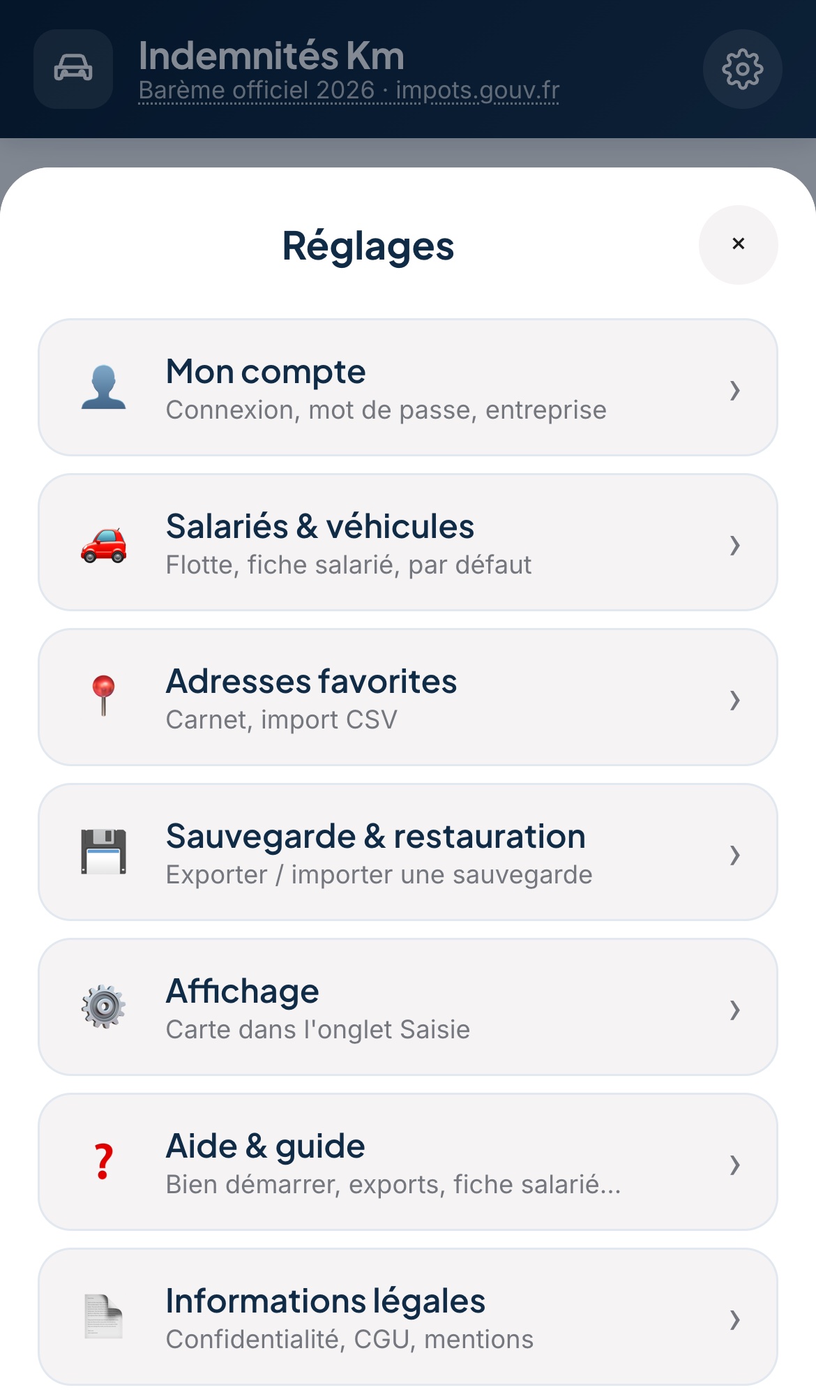 Réglages de l'application : Mon compte, Salariés et véhicules, Adresses favorites, Sauvegarde et restauration, Affichage, Aide et guide, Informations légales