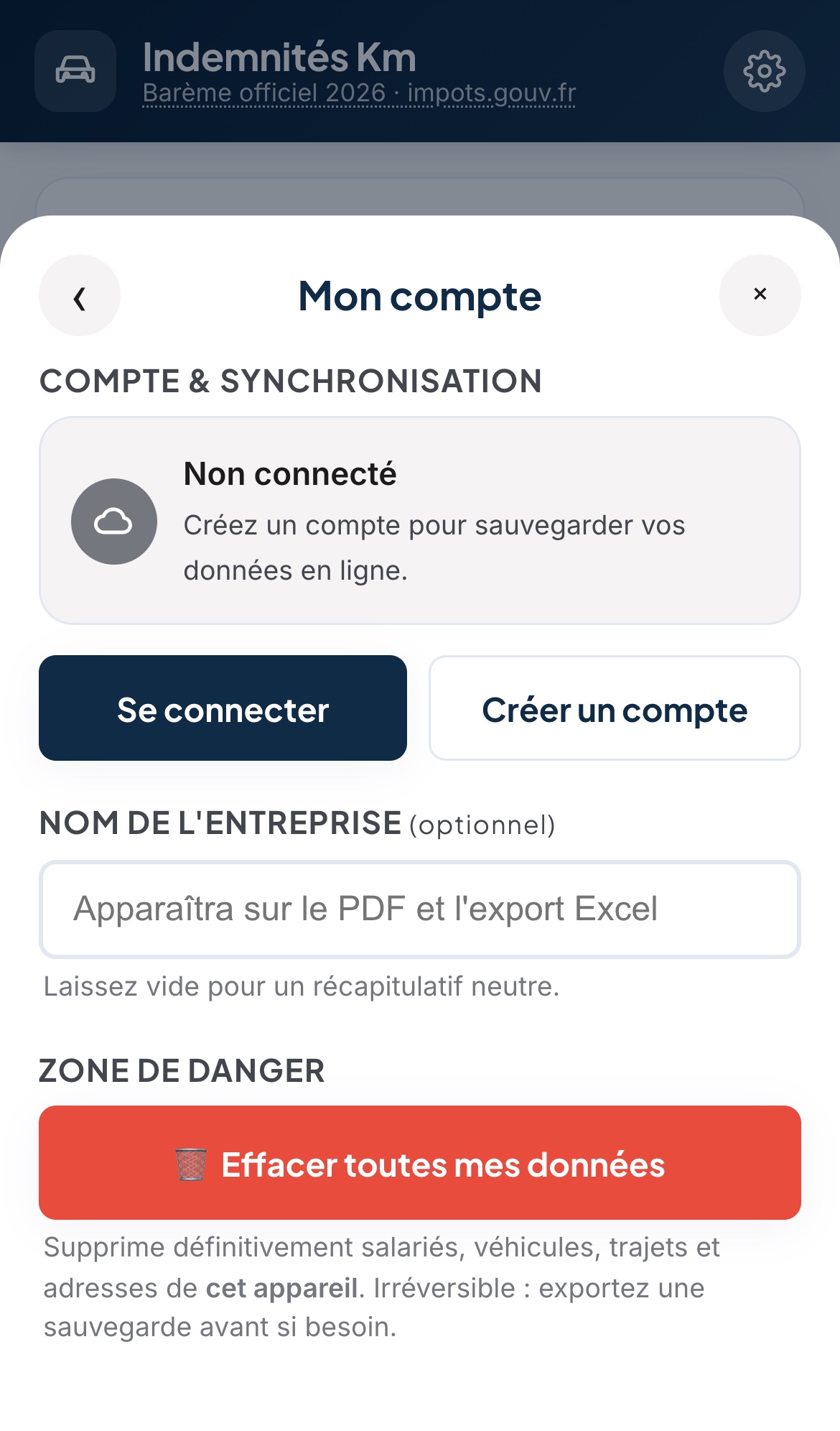 Réglages, Mon compte : bloc Compte et synchronisation Non connecté avec les boutons Se connecter et Créer un compte, nom de l'entreprise et bouton Effacer toutes mes données