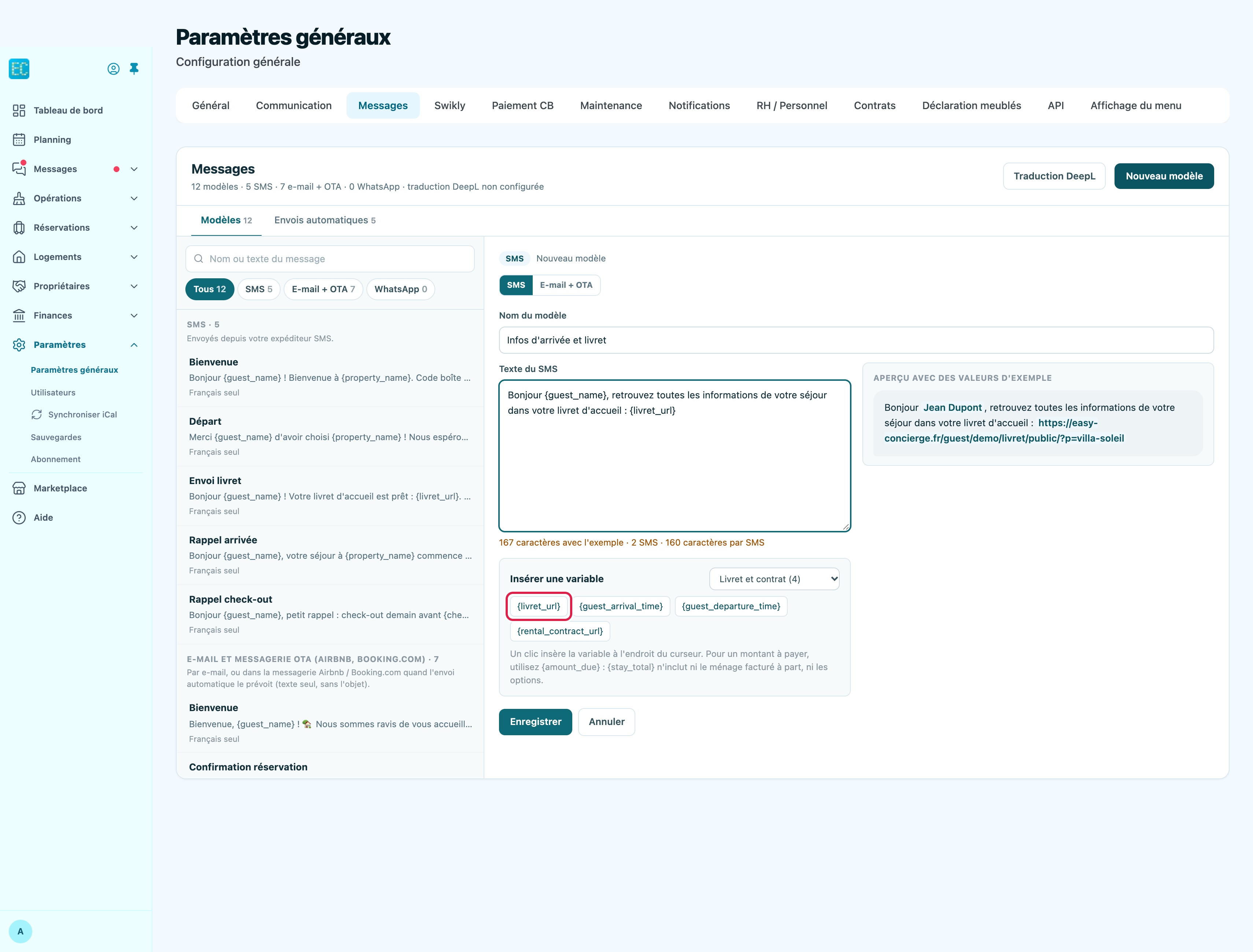 Onglet Messages des Paramètres, nouveau modèle en cours de rédaction : encadré Insérer une variable sur la rubrique Livret et contrat, variable {livret_url} encadrée