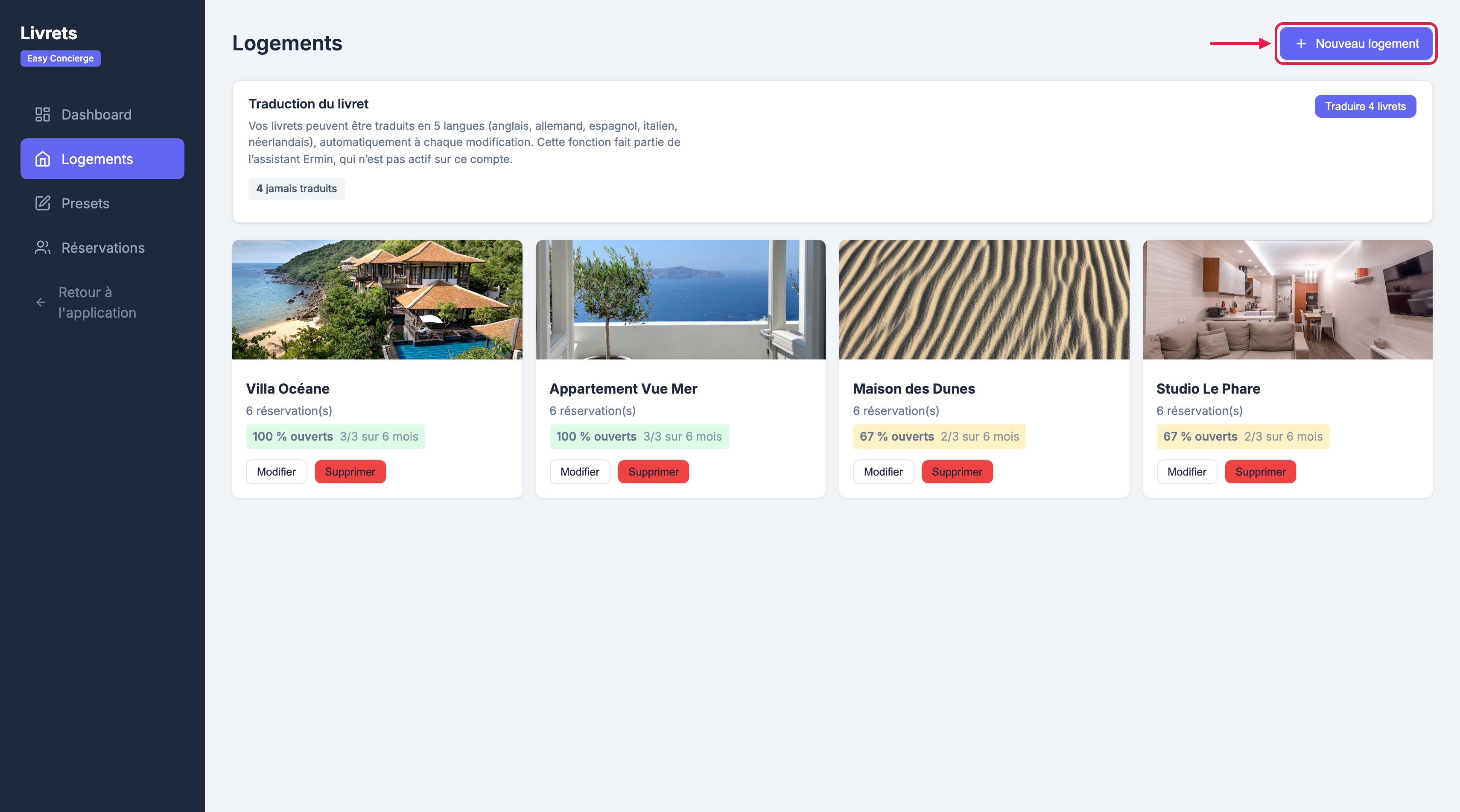 Éditeur des livrets, page Logements : encart « Traduction du livret », quatre cartes de logements avec leur taux d'ouverture et leurs boutons Modifier et Supprimer, bouton « Nouveau logement » encadré en haut à droite