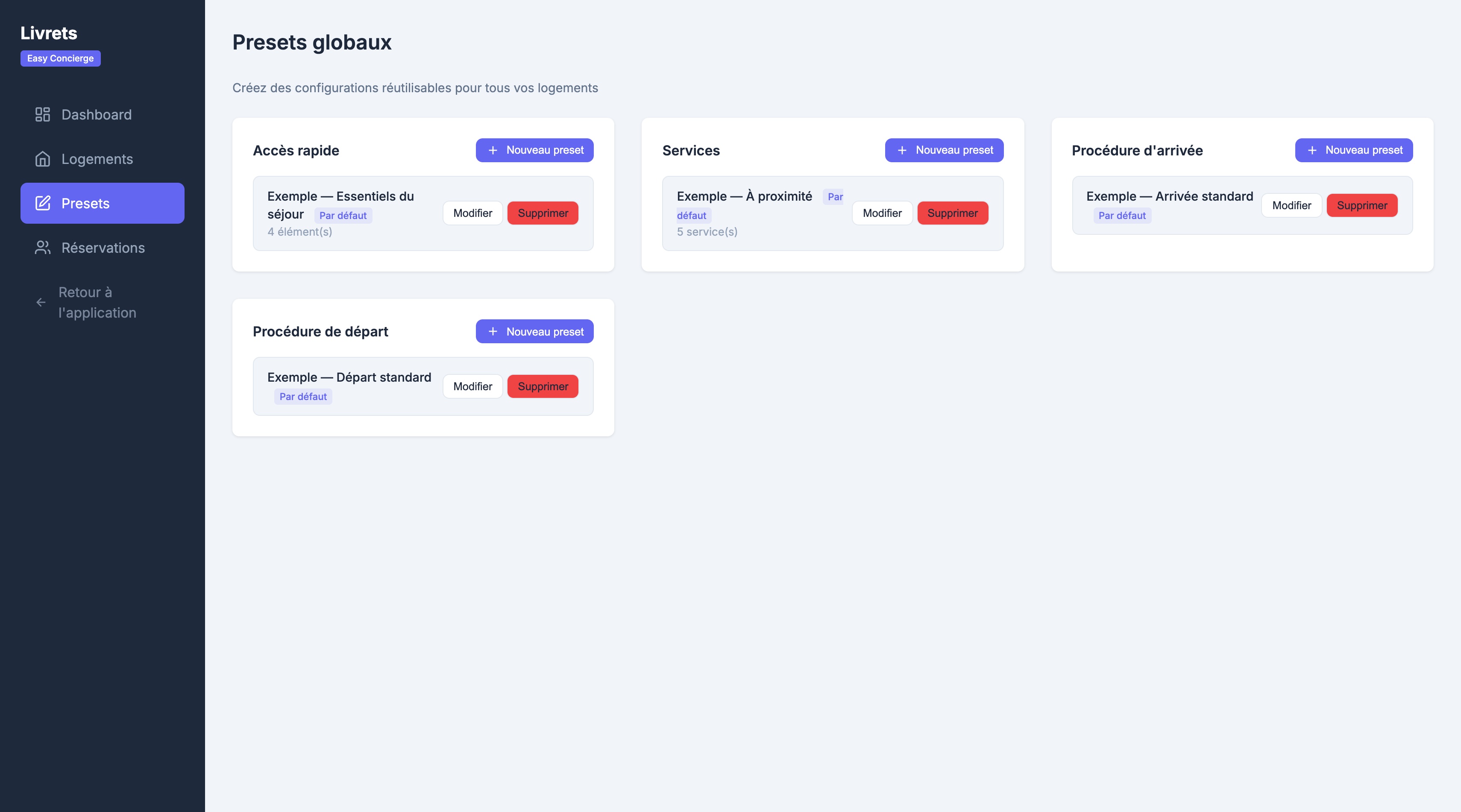 Page Presets globaux : quatre blocs (Accès rapide, Services, Procédure d'arrivée, Procédure de départ), chacun avec son bouton « Nouveau preset » et un preset d'exemple marqué « Par défaut »