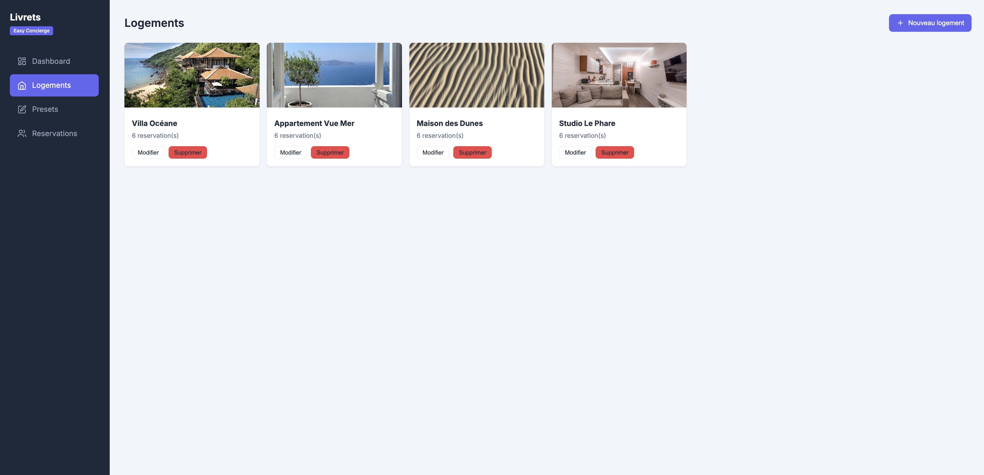 Onglet Logements de l'admin livrets avec liste des templates