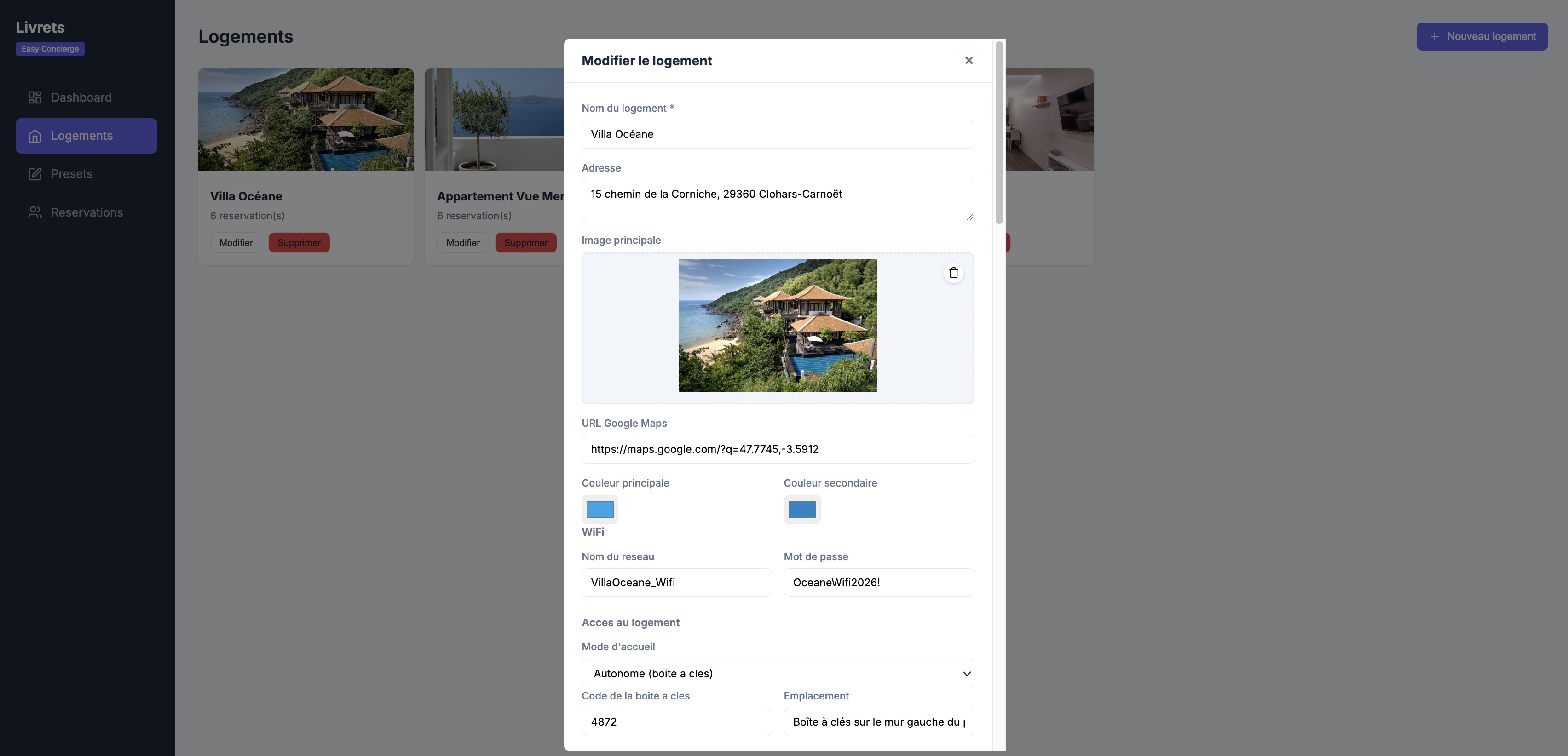 Modal édition template : Identité, WiFi, boîte à clés, horaires, contacts