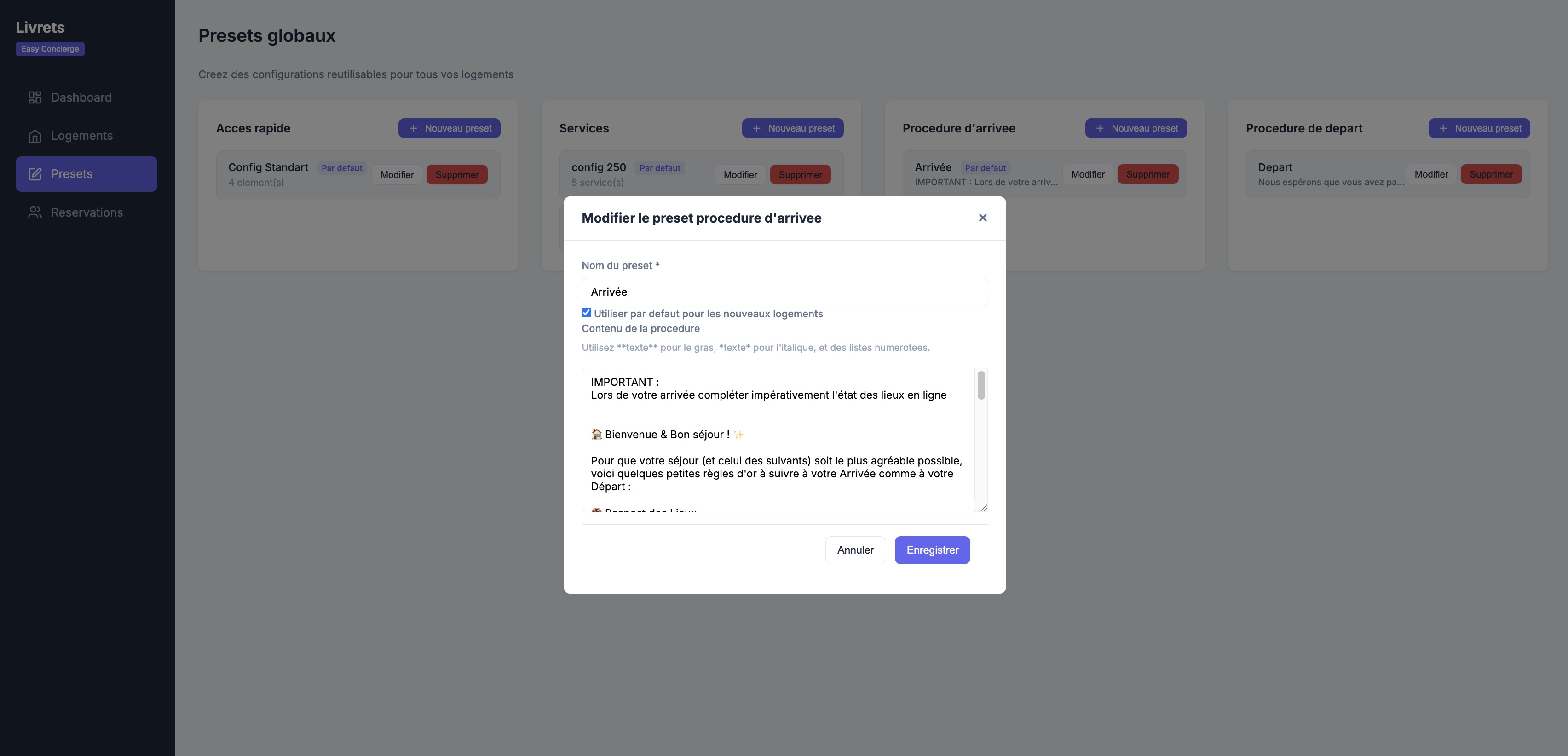 Modal édition template : Procédures arrivée/départ avec textarea Markdown, presets et upload médias