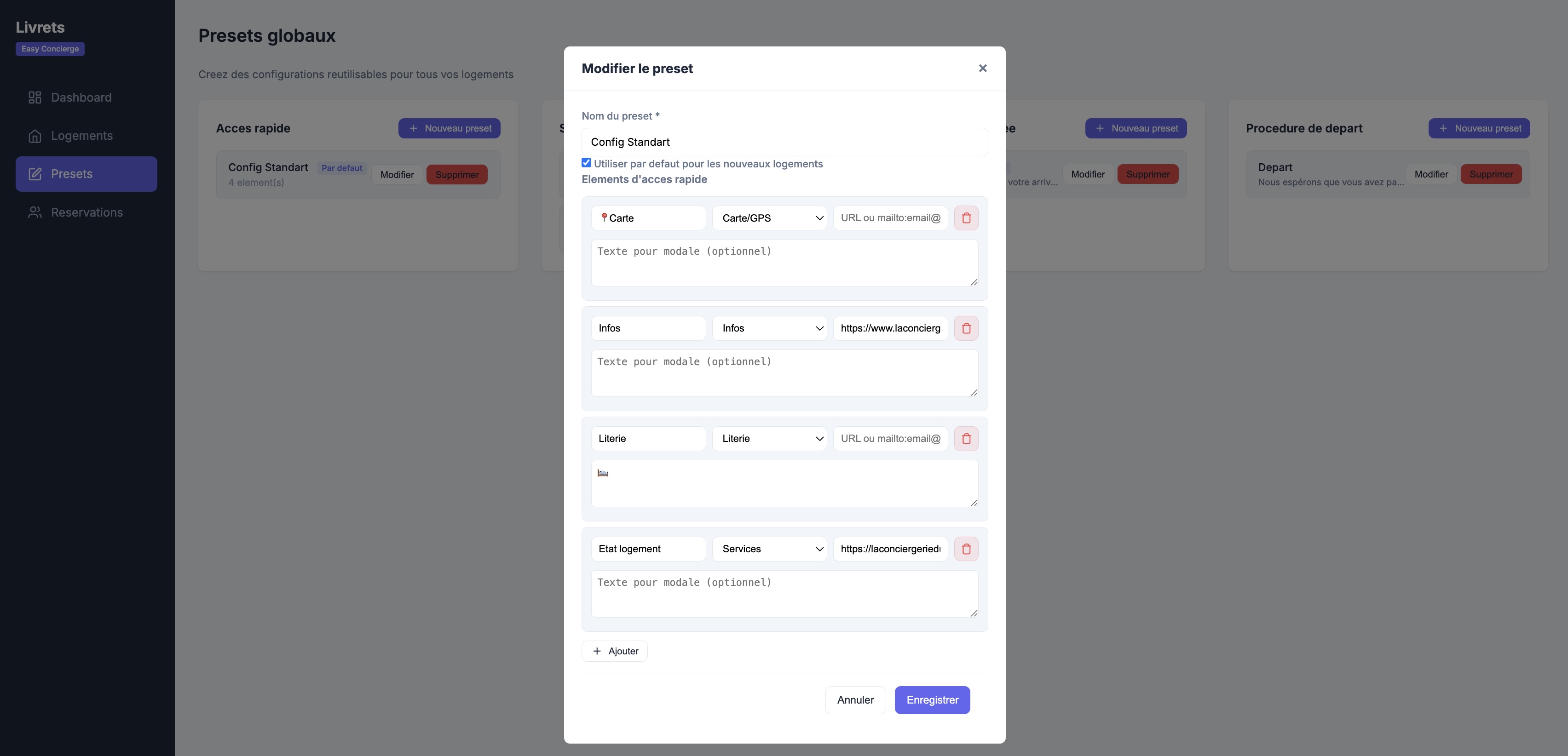 Modal édition template : Accès rapide et Services avec listes dynamiques add/remove
