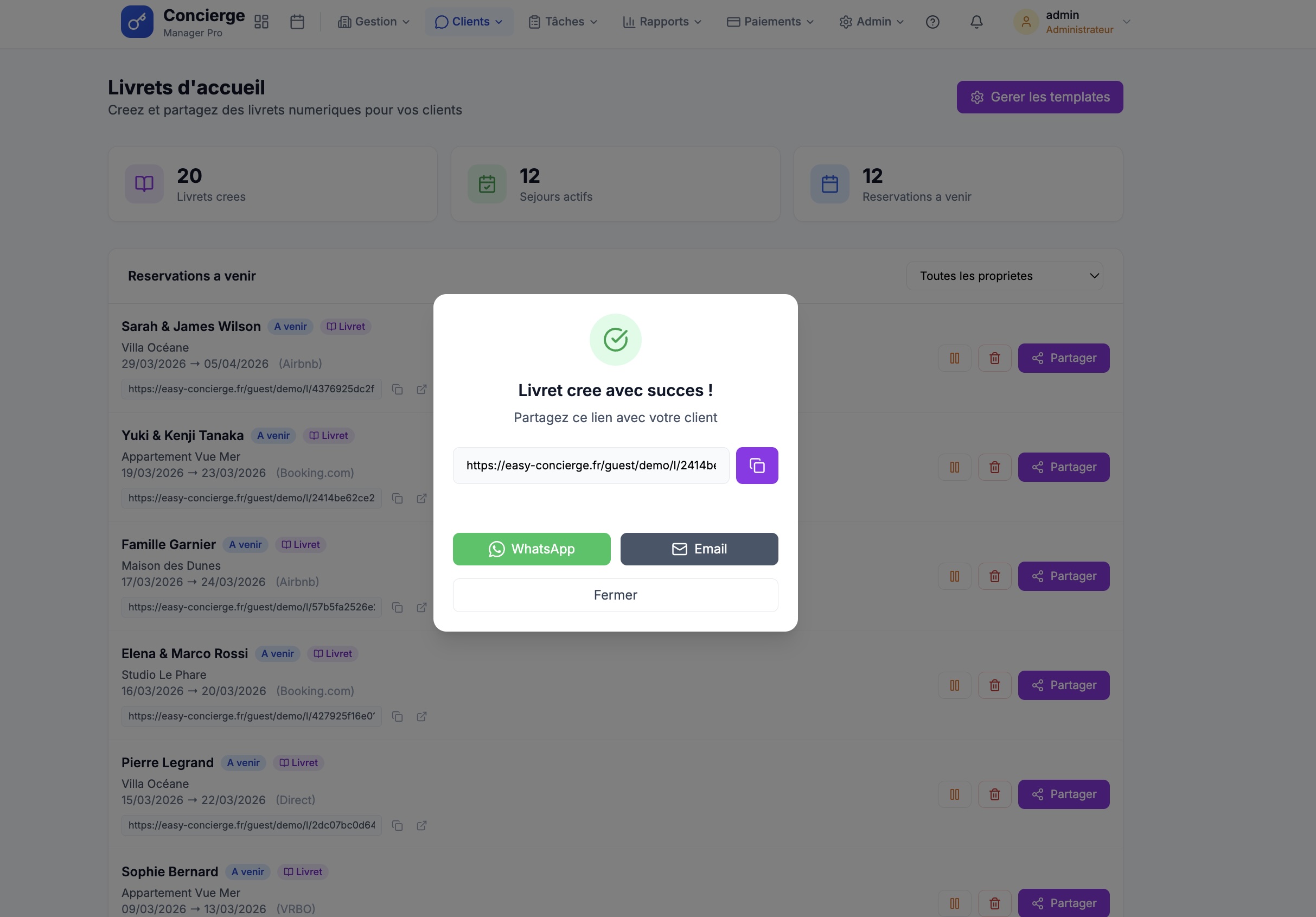 Interface d'administration des livrets d'accueil