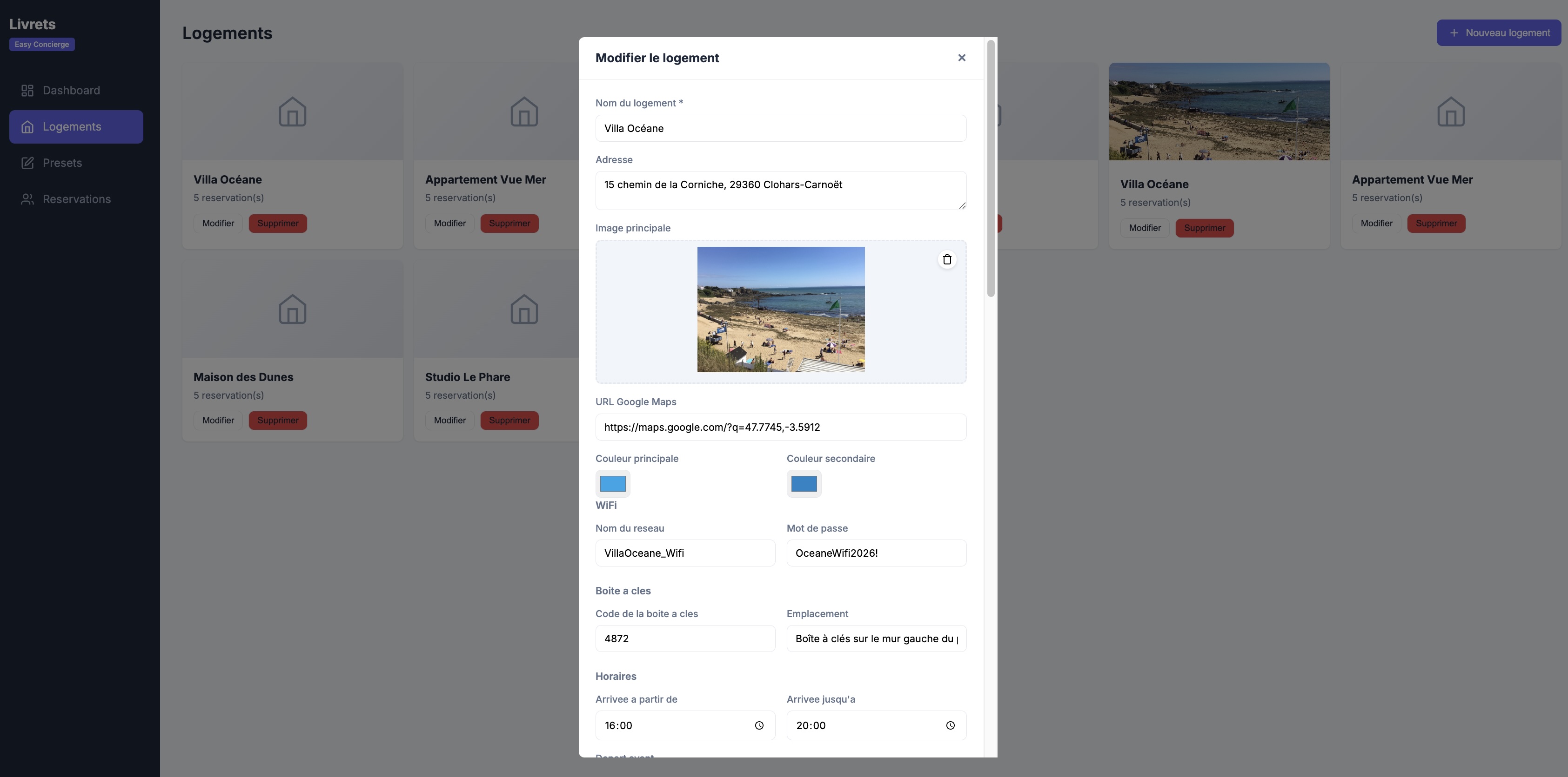 Tableau de bord des livrets avec liste des réservations et statuts