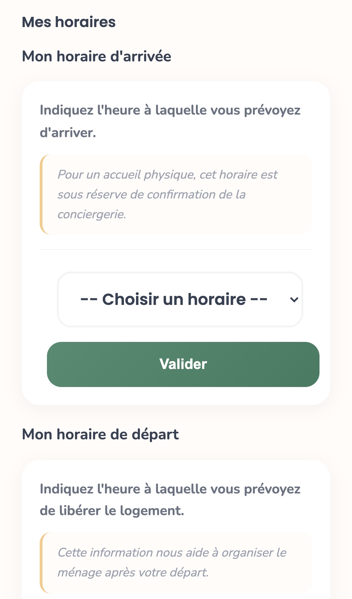 Rubrique Mes horaires du livret sur téléphone : Mon horaire d'arrivée avec la liste Choisir un horaire et le bouton Valider, puis Mon horaire de départ