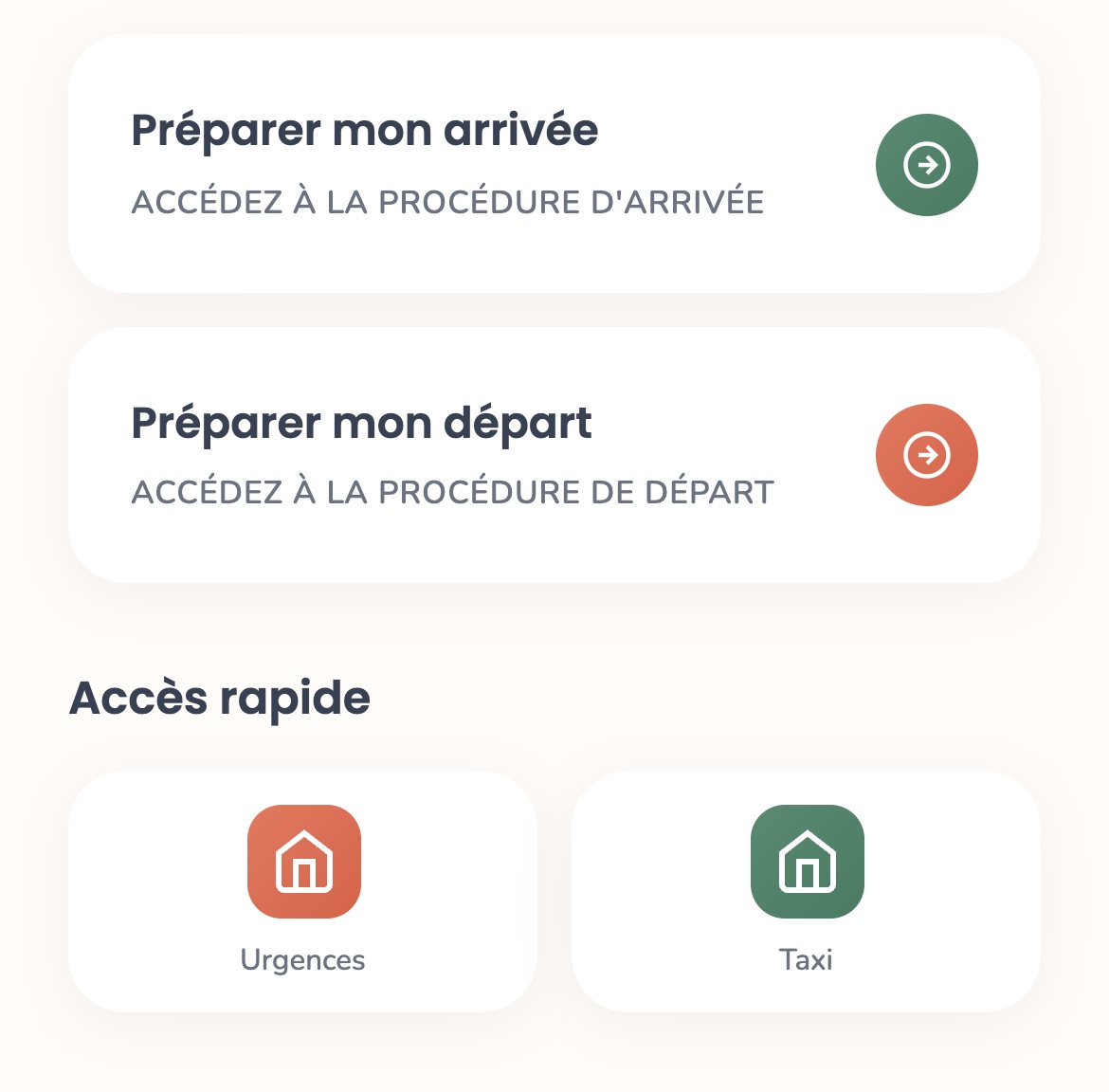 Livret sur téléphone : cartes Préparer mon arrivée et Préparer mon départ, puis bloc Accès rapide avec les tuiles Urgences et Taxi