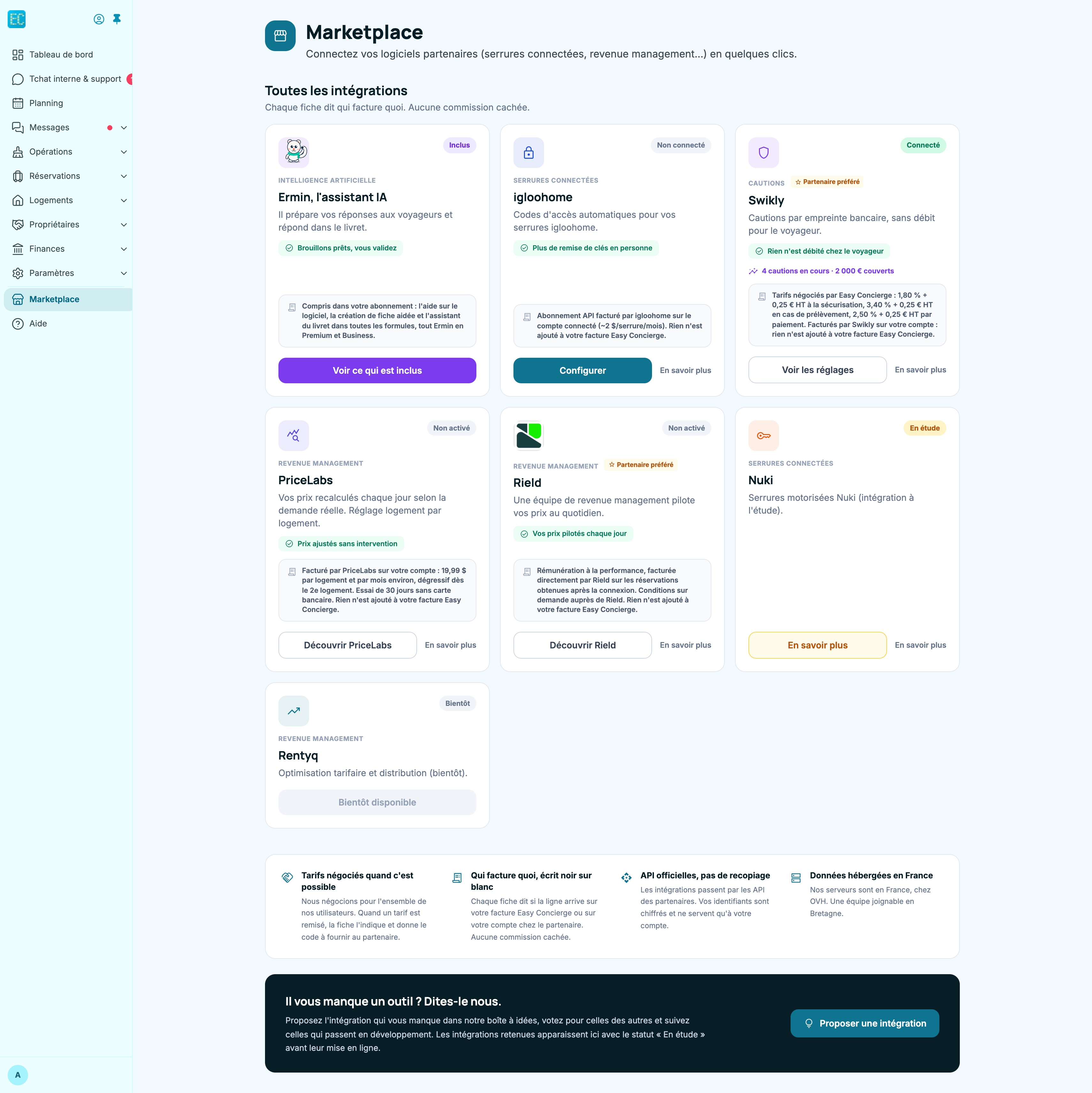 Page Marketplace : les fiches Ermin, igloohome, Swikly, PriceLabs, Rield, Nuki et Rentyq, chacune avec son badge d'état, son encadré de tarif et son bouton