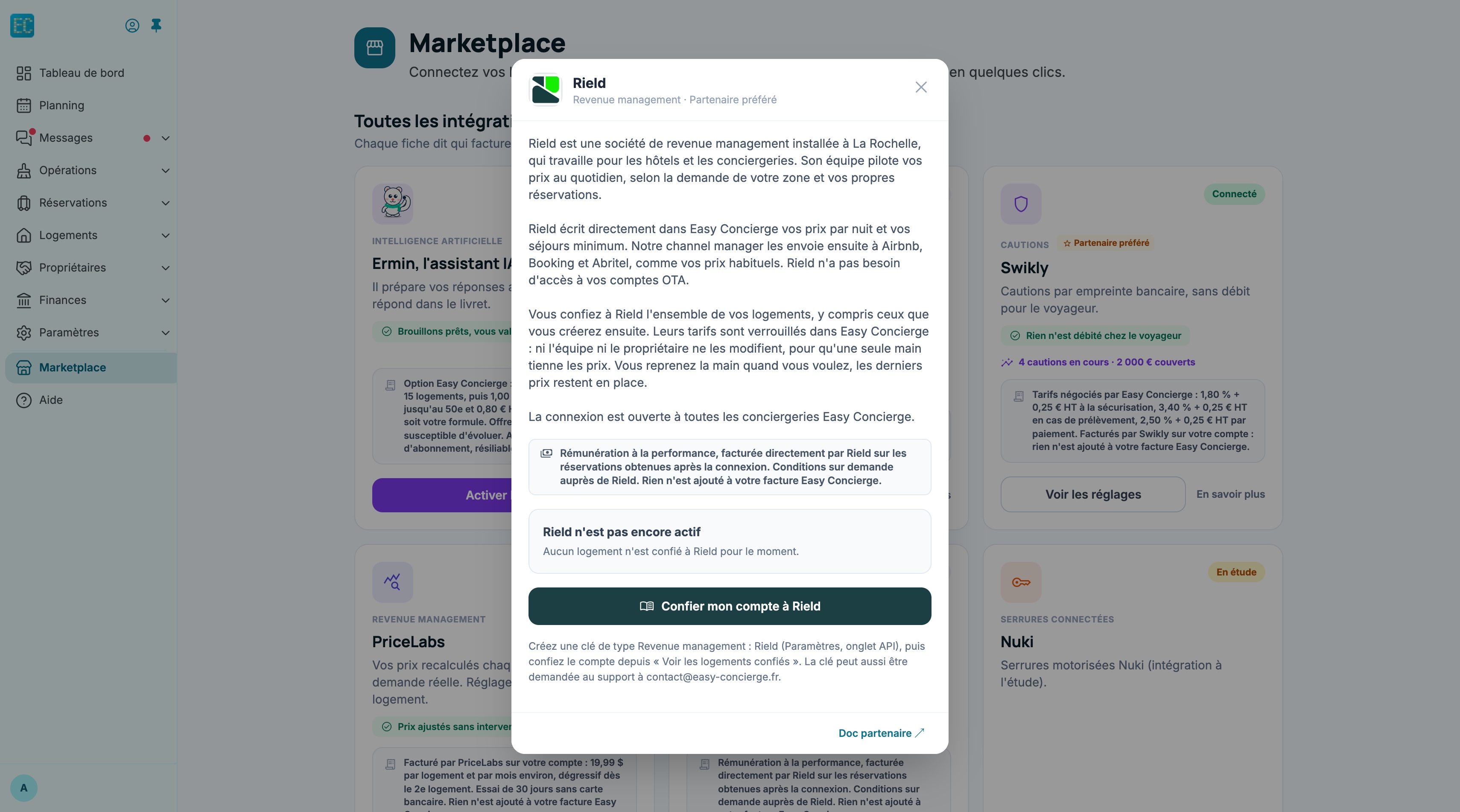 Fiche Rield ouverte : description, encadré de tarif, état « Rield n'est pas encore actif » et bouton « Confier mon compte à Rield »