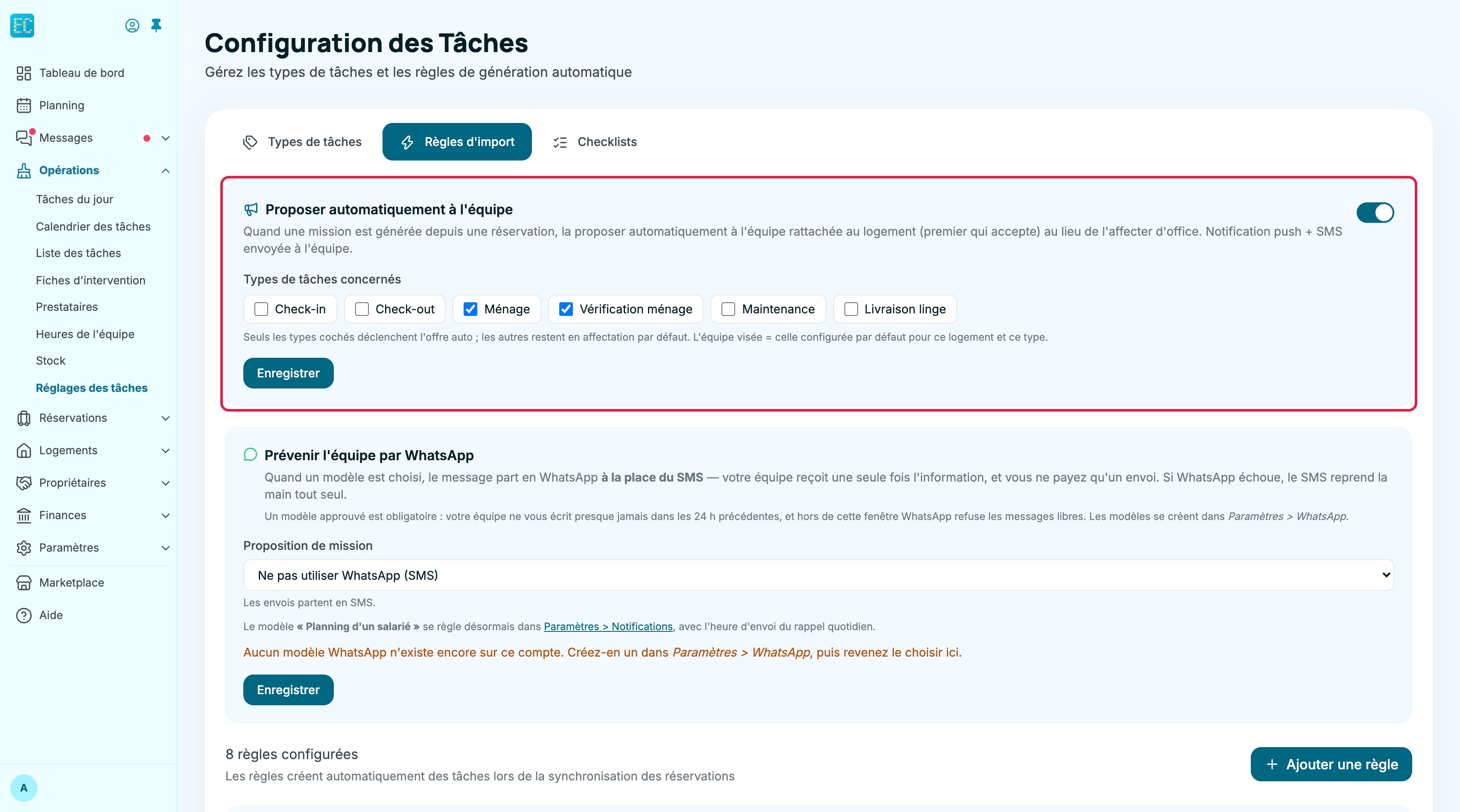 Carte Proposer automatiquement à l'équipe : interrupteur activé, types de tâches concernés (Ménage et Vérification ménage cochés) et bouton Enregistrer