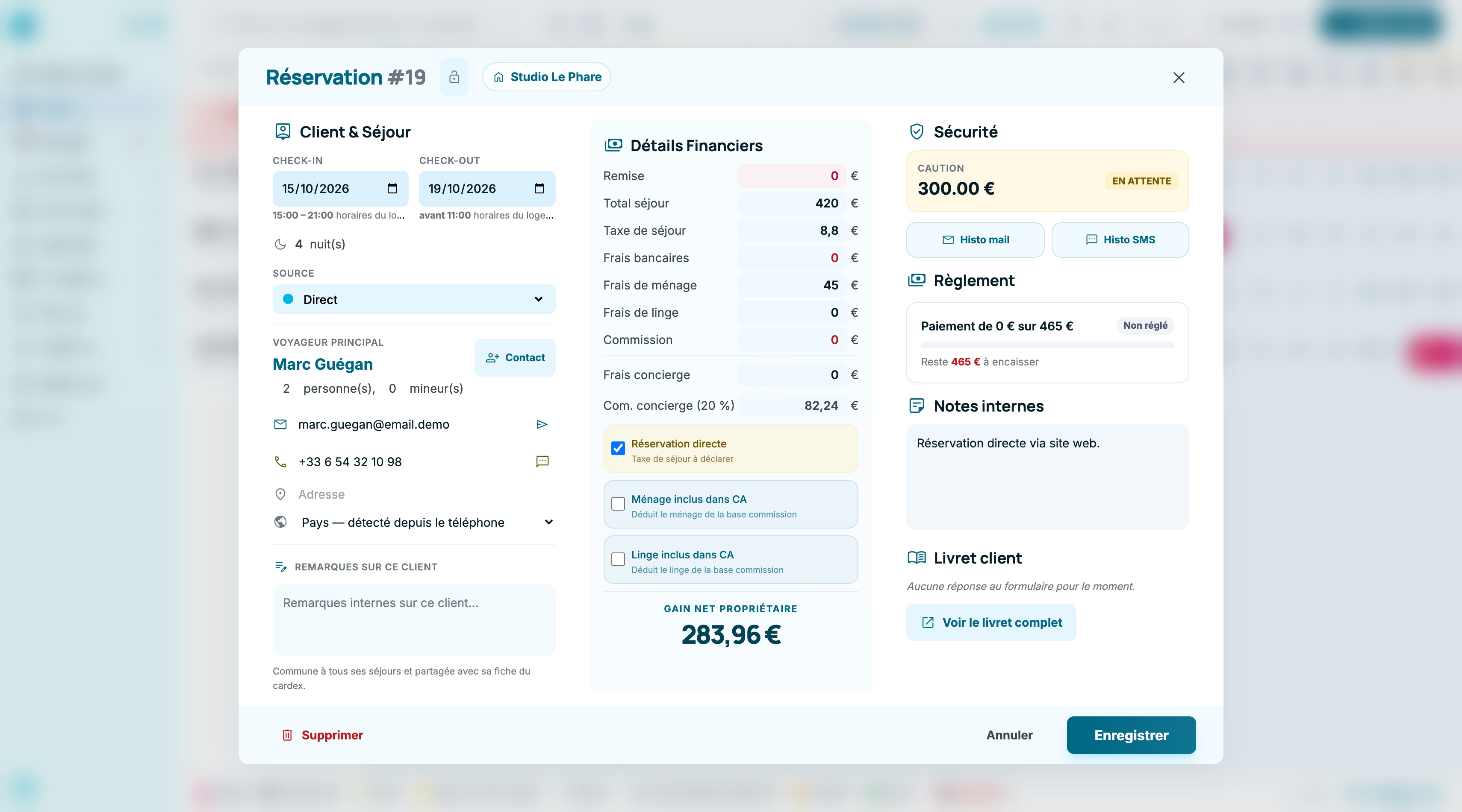 Fiche d'une réservation : Client et Séjour, Détails Financiers, Sécurité, Règlement, Notes internes et Livret client