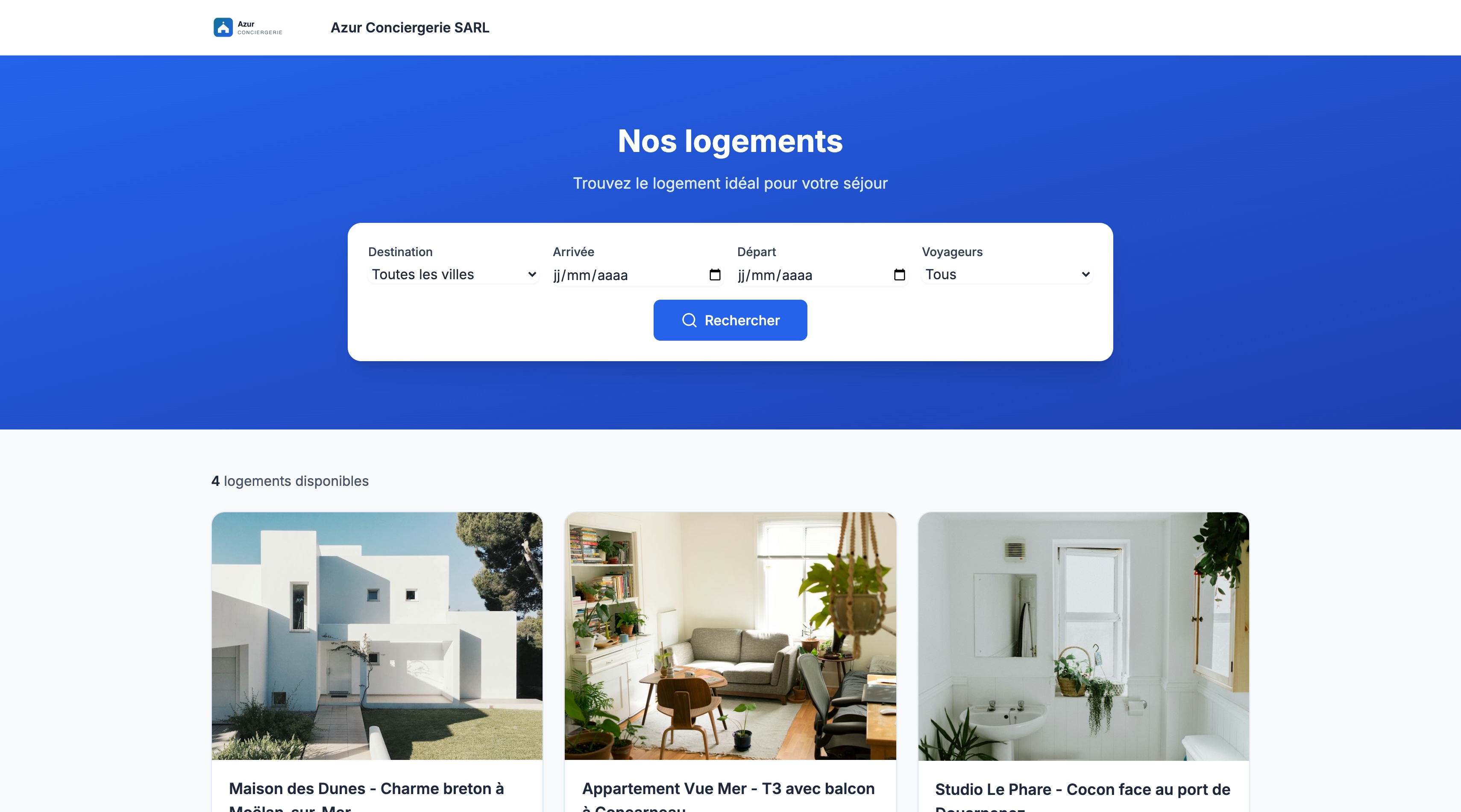 Page d'accueil du moteur de réservation : recherche et cartes des logements