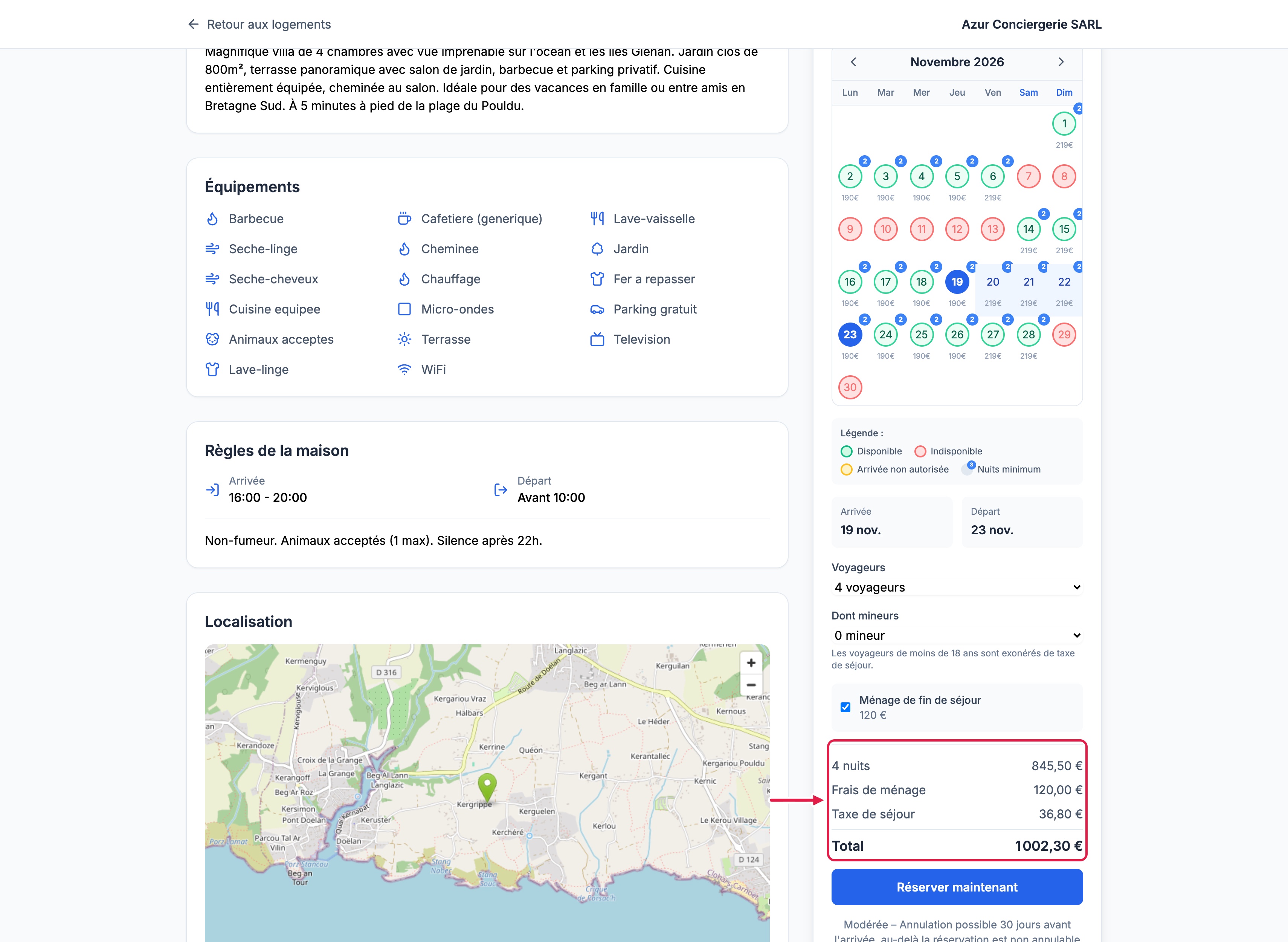 Fiche d'un logement sur le moteur : calendrier, voyageurs, ménage et détail du prix