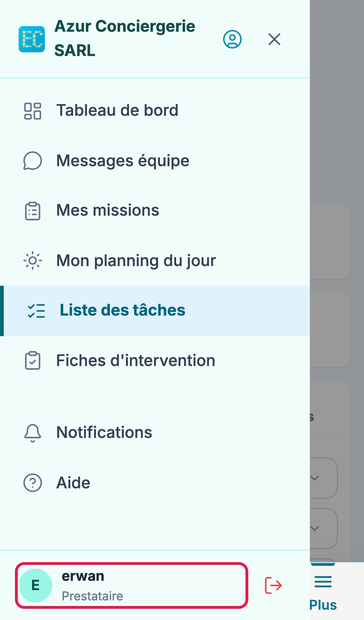Application sur téléphone d'un prestataire : menu Plus ouvert, le nom erwan et le rôle Prestataire encadrés en bas du menu, qui ouvrent l'écran du compte