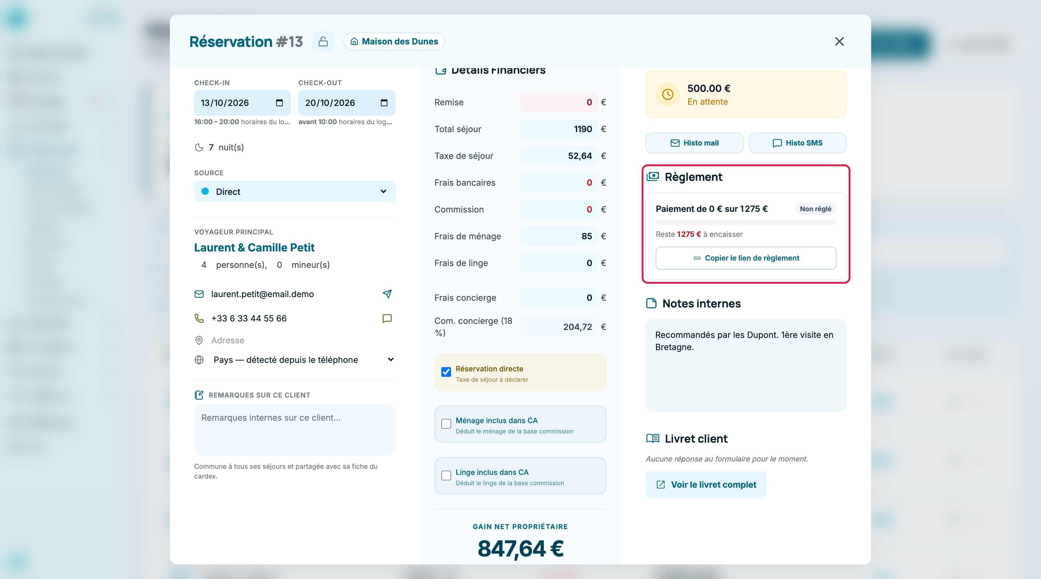 Fenêtre d'une réservation directe, encart Règlement encadré : paiement de 0 euro sur 1275 euros, badge Non réglé, reste à encaisser et bouton Copier le lien de règlement