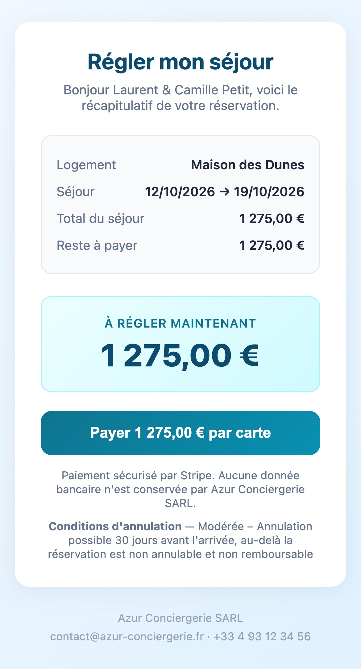 Page Régler mon séjour vue sur téléphone par le voyageur, pour un séjour sans échéancier : logement, dates, total, reste à payer, la totalité à régler maintenant et bouton Payer par carte