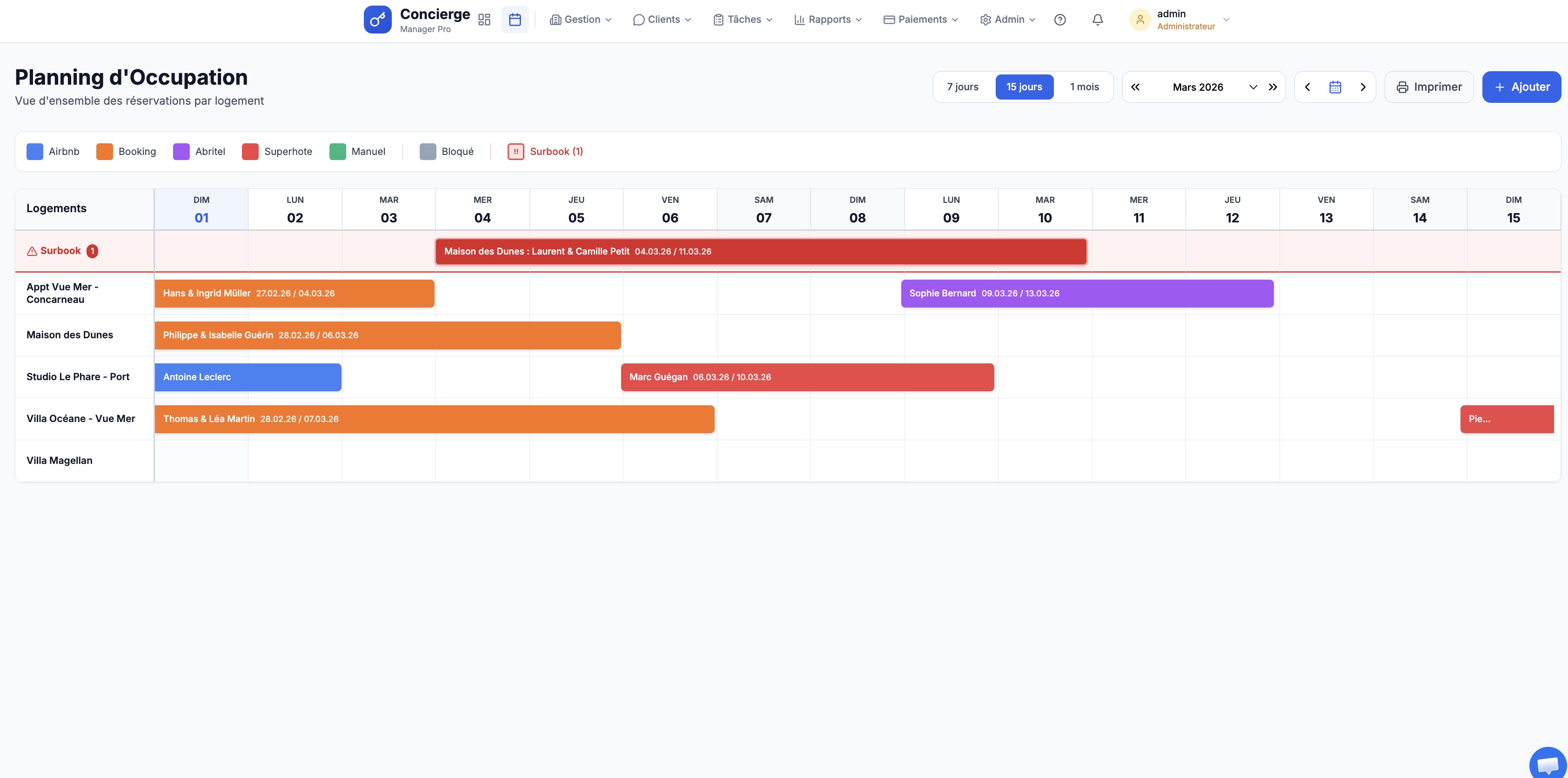 Planning d'occupation 15 jours avec réservations multi-propriétés et légende couleurs