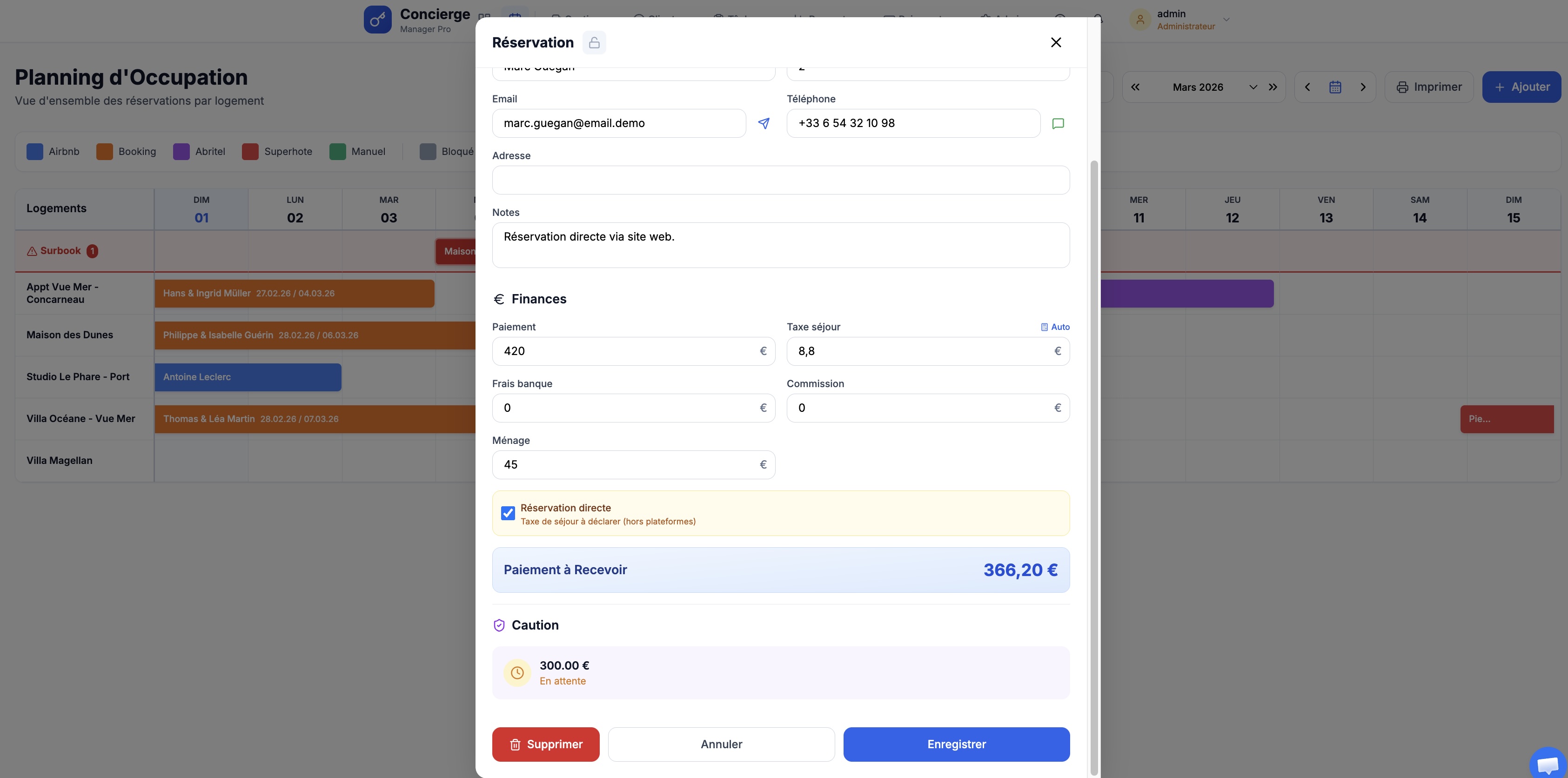 Détail d'une réservation avec finances, caution et informations client