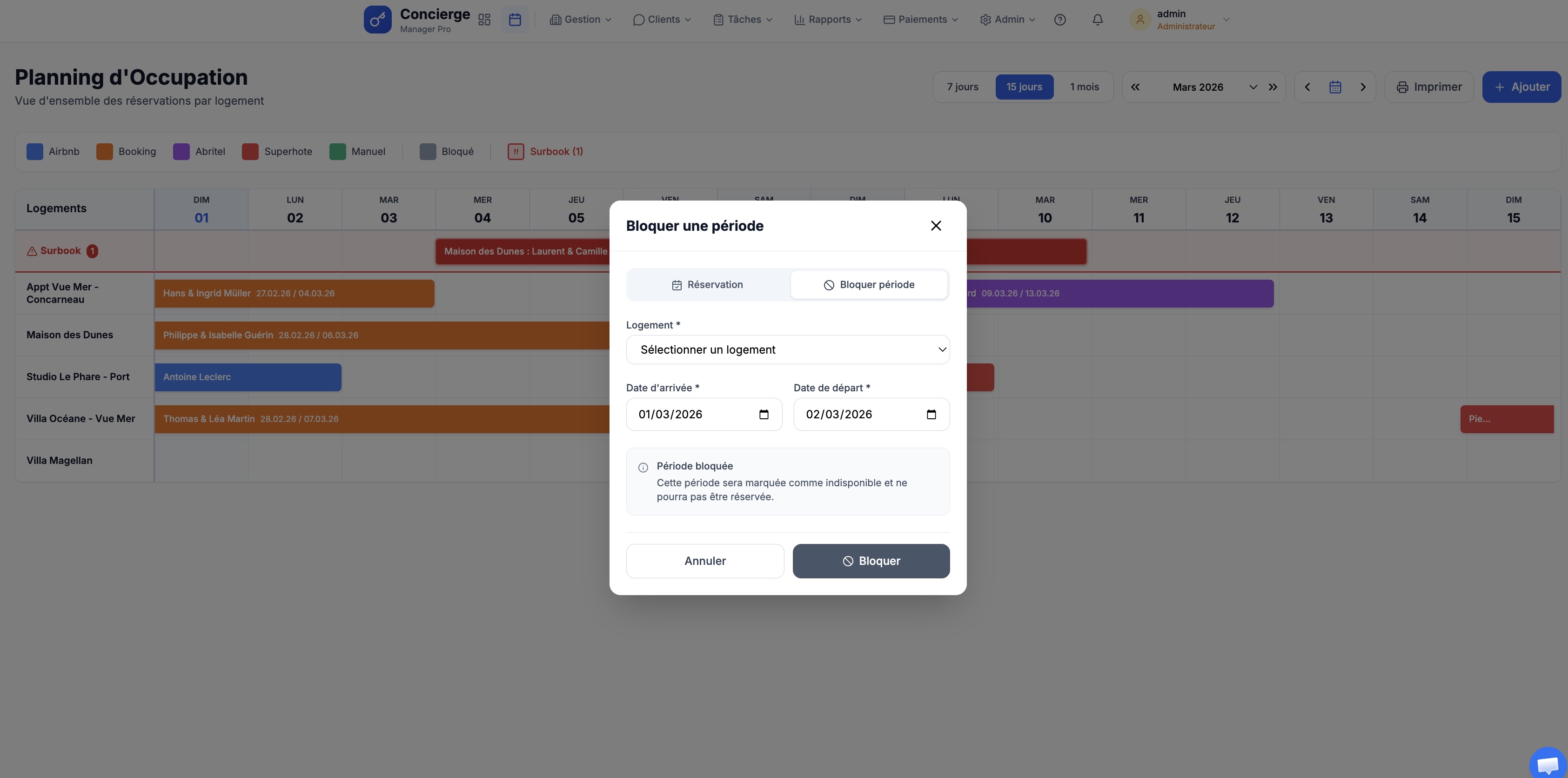 Modal bloquer une période sur le planning