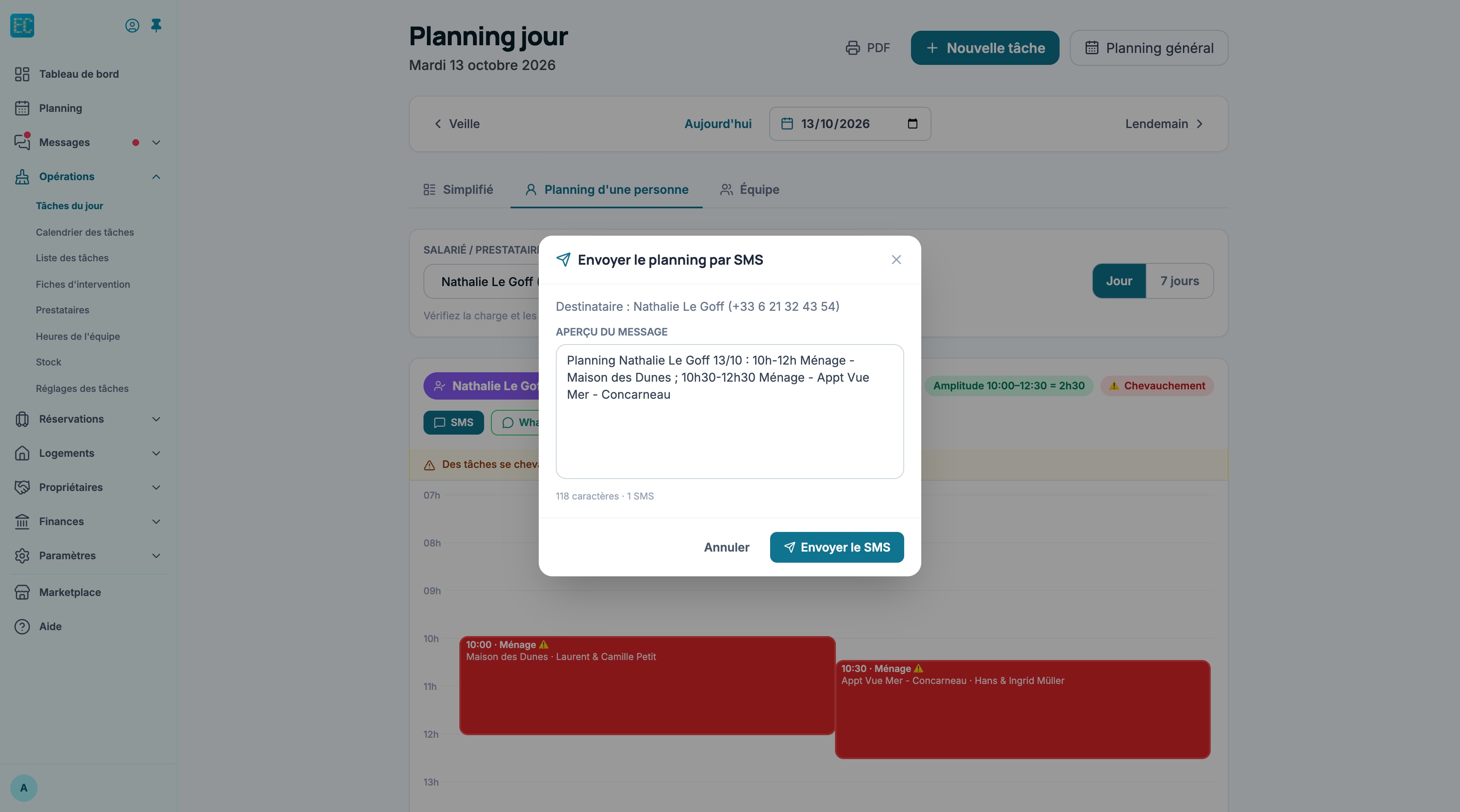 Fenêtre Envoyer le planning par SMS : destinataire, aperçu du message en lecture seule, nombre de caractères et de SMS, boutons Annuler et Envoyer le SMS