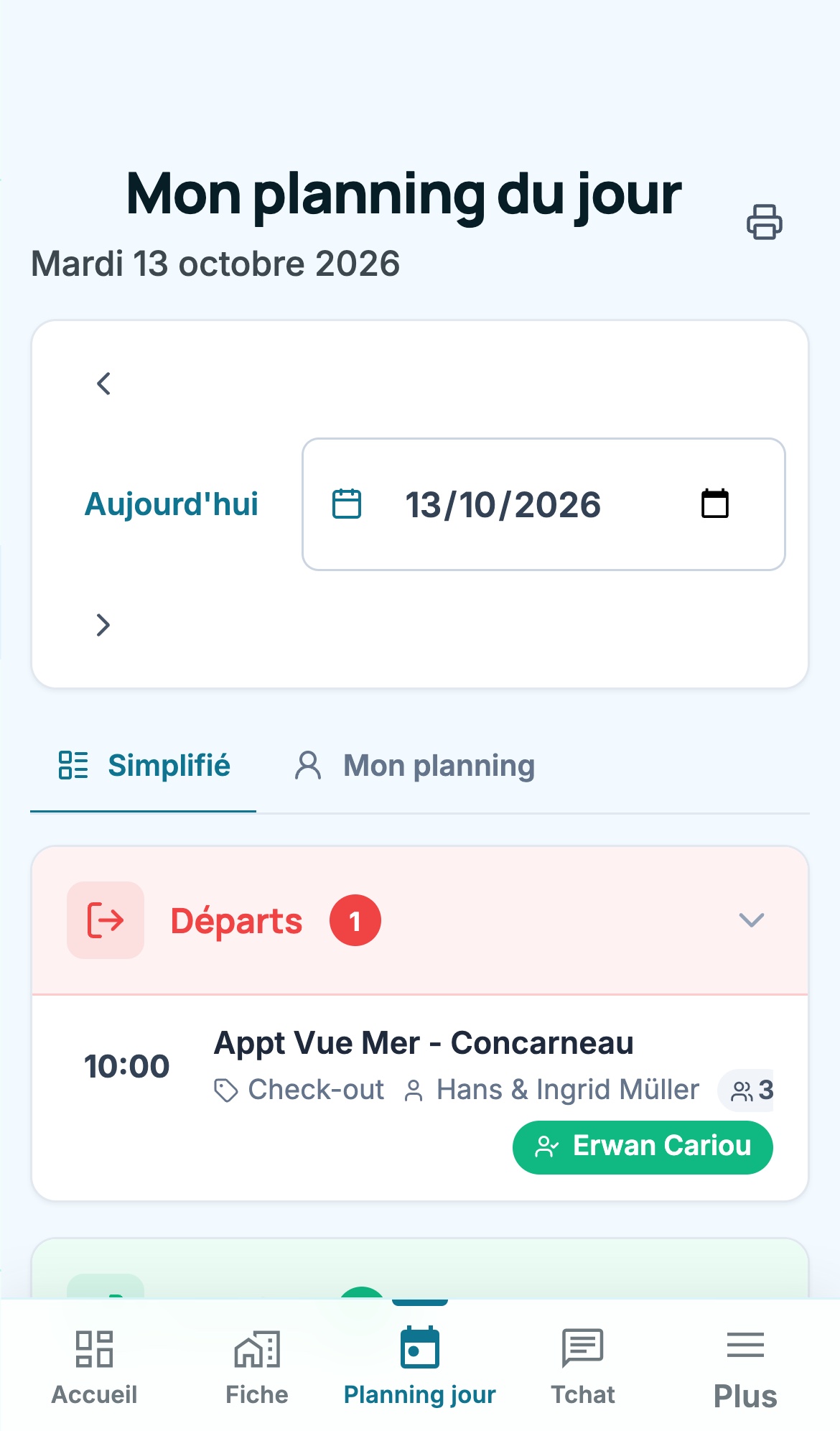 Mon planning du jour sur le téléphone d'un prestataire : ses missions de la journée dans l'onglet Simplifié