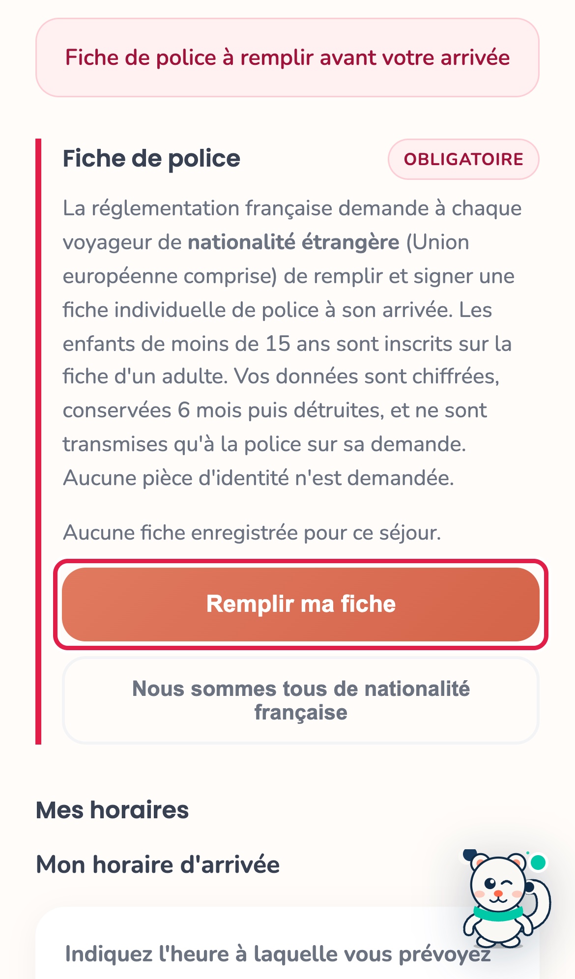 Livret sur téléphone : bandeau rouge Fiche de police à remplir avant votre arrivée, rubrique Fiche de police avec le badge Obligatoire, le bouton Remplir ma fiche encadré et le bouton Nous sommes tous de nationalité française