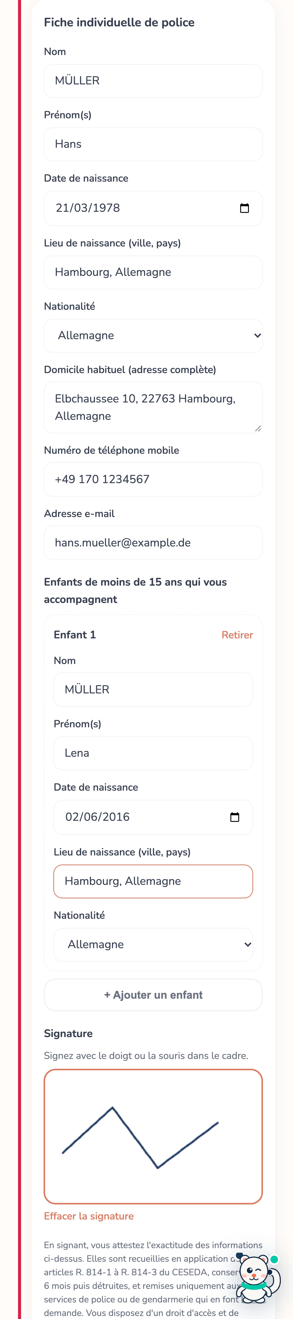 Formulaire de la fiche individuelle de police sur téléphone : rubriques de l'adulte remplies, bloc Enfant 1, cadre de signature avec un tracé, bouton Signer et envoyer
