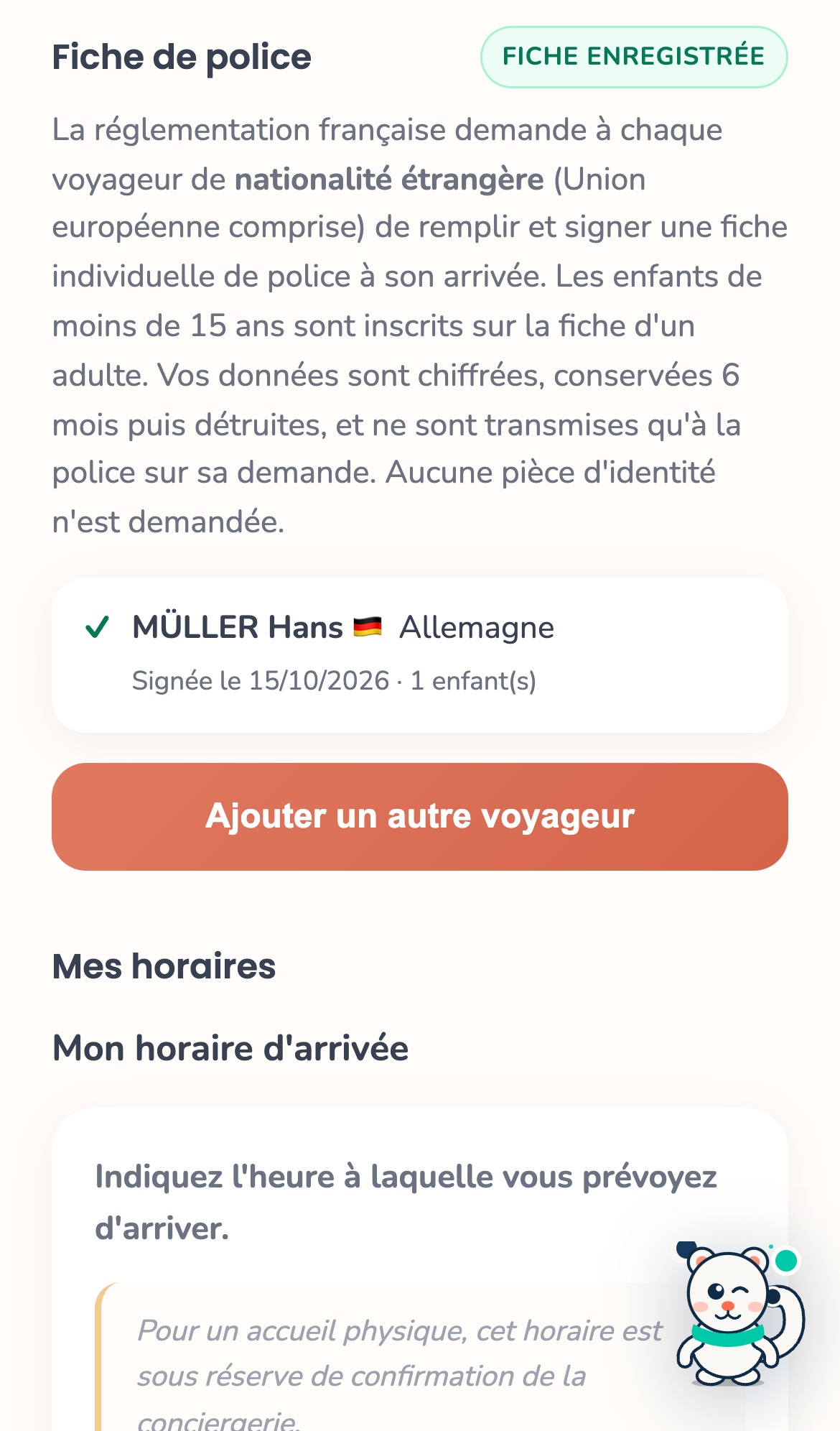 Rubrique Fiche de police du livret après signature : badge Fiche enregistrée, ligne MÜLLER Hans Allemagne signée le 15/10/2026 avec 1 enfant, bouton Ajouter un autre voyageur