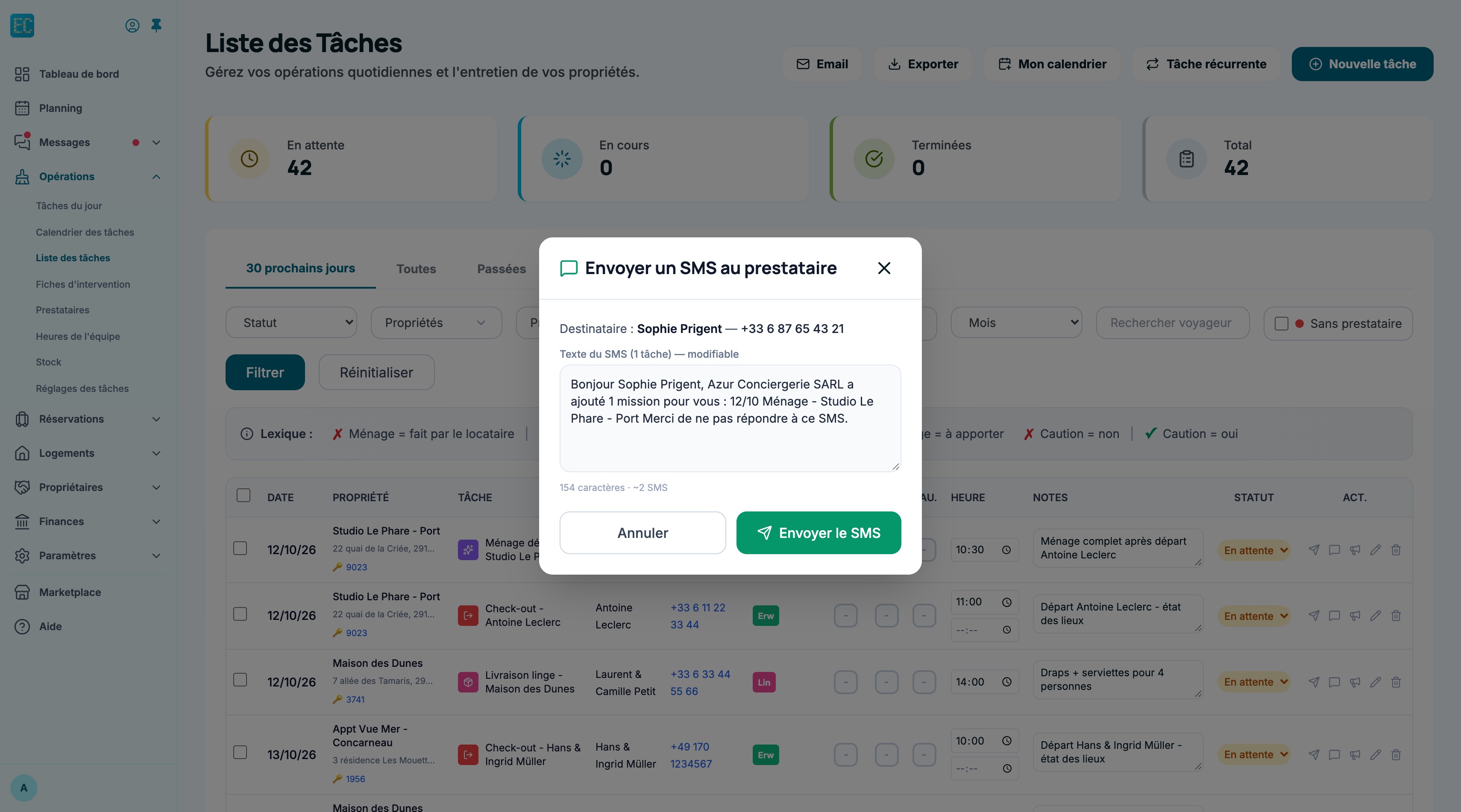 Fenêtre Envoyer un SMS au prestataire : destinataire Sophie Prigent et son numéro, texte du SMS modifiable pour une tâche, compteur « 149 caractères, environ 1 SMS », boutons Annuler et Envoyer le SMS