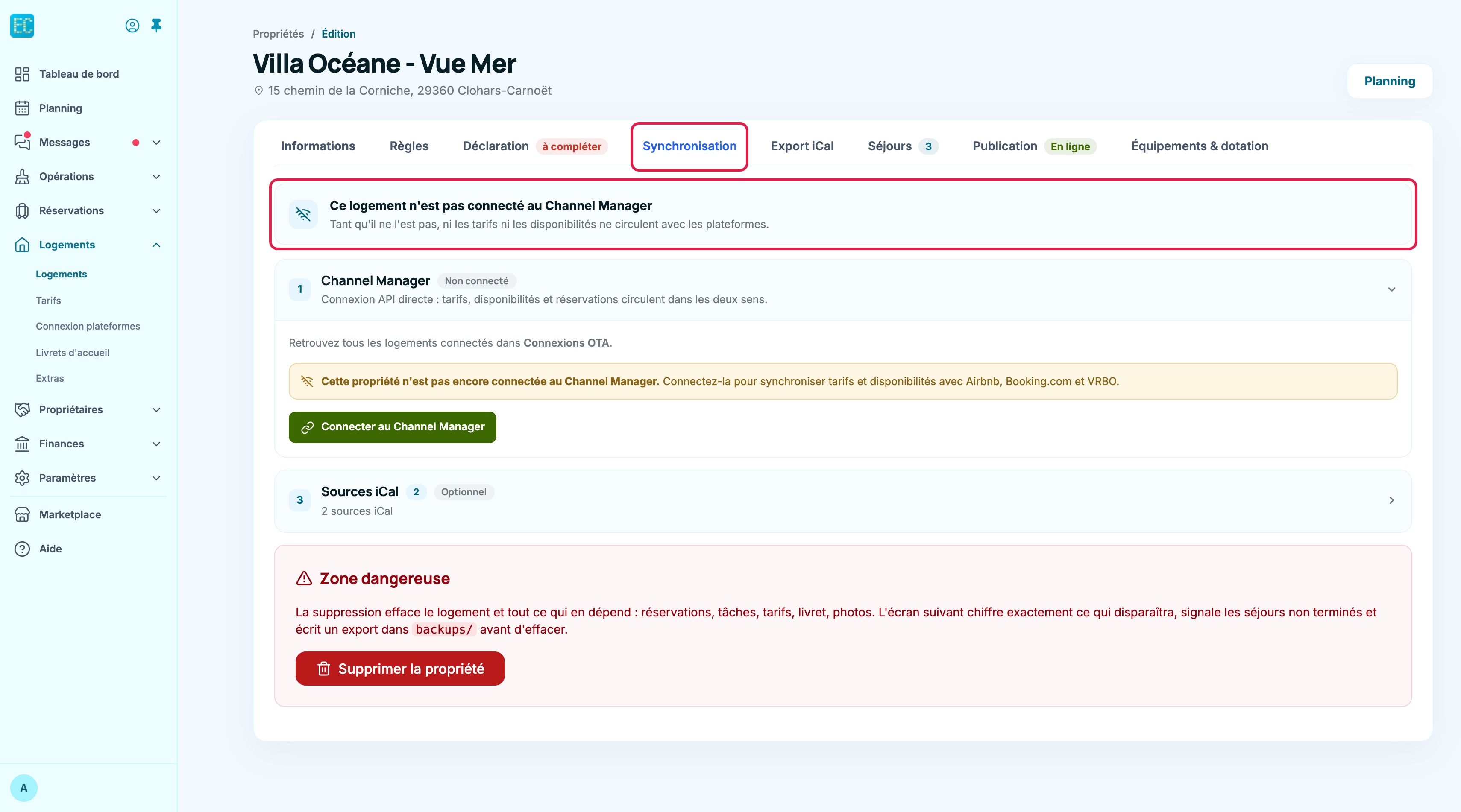 Fiche d'un logement, onglet Synchronisation encadré, avec le bandeau « Ce logement n'est pas connecté au Channel Manager » encadré : la carte 1 Channel Manager est suivie directement de la carte 3 Sources iCal, la carte PriceLabs n'apparaissant qu'une fois le logement connecté