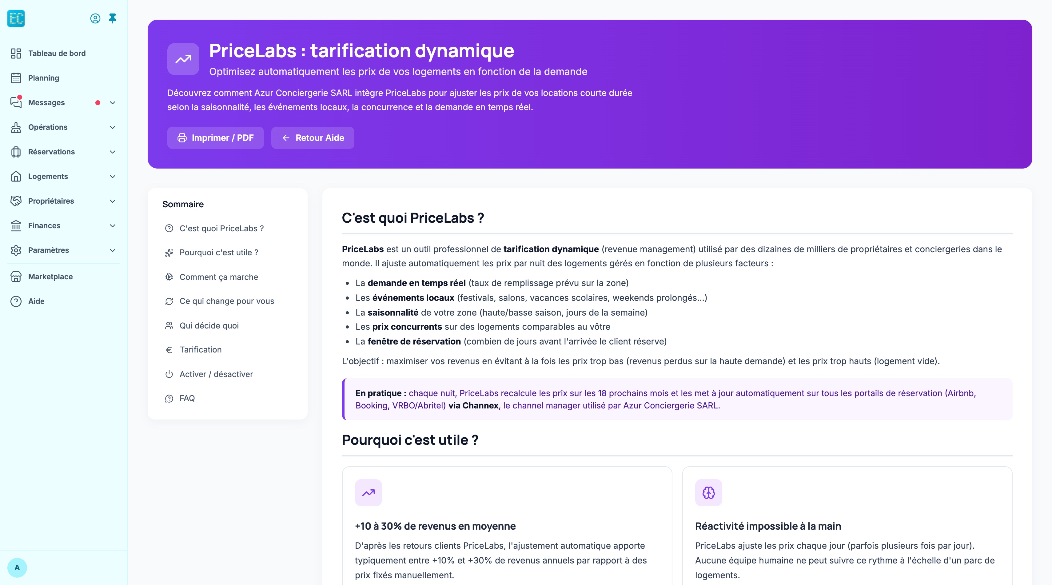 Fiche d'aide « PriceLabs : tarification dynamique » dans l'application, avec les boutons Imprimer / PDF et Retour Aide, le sommaire à gauche et la section « C'est quoi PriceLabs ? »
