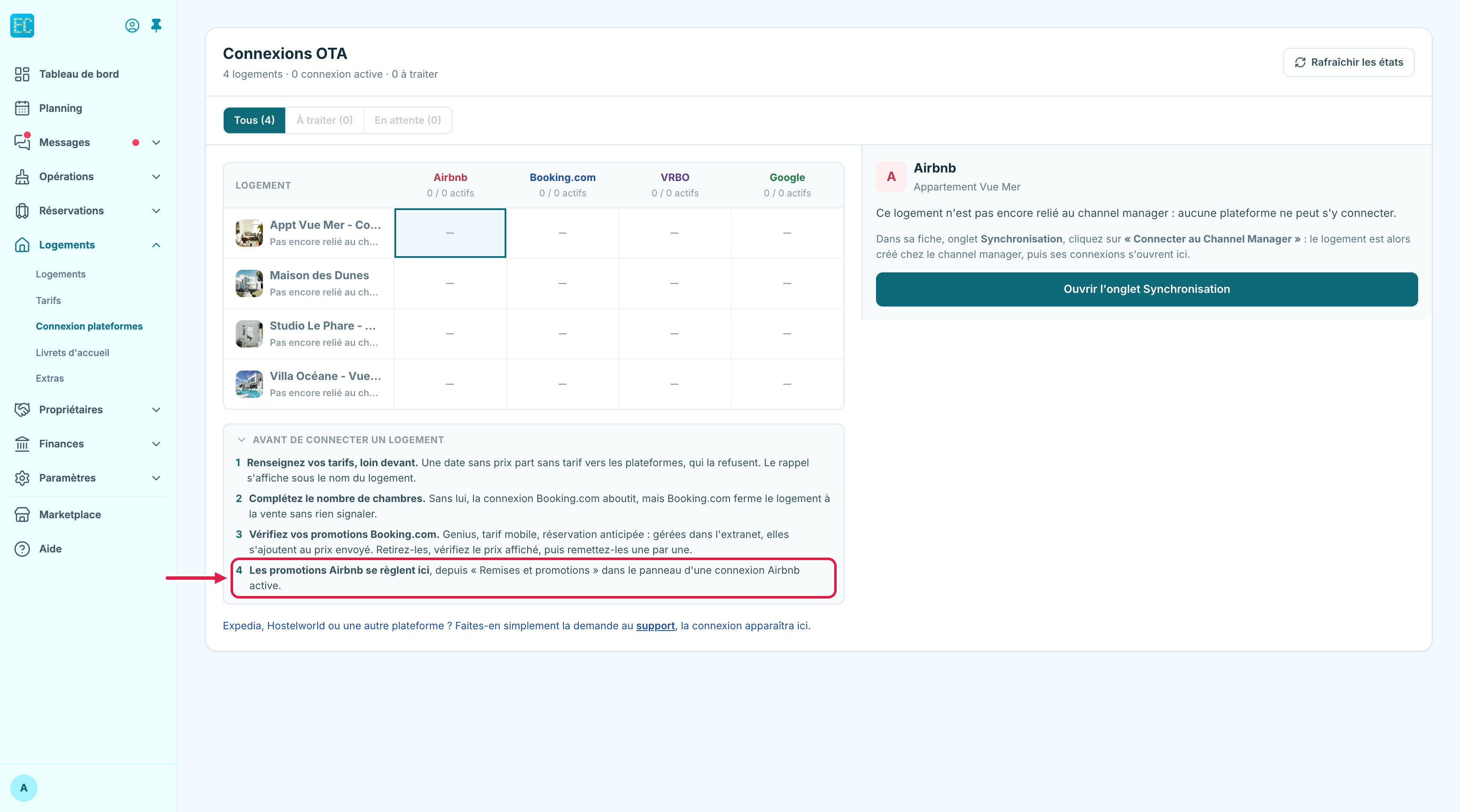 Écran Connexion plateformes : sous la grille des logements, l'encart Avant de connecter un logement est ouvert et son point 4, Les promotions Airbnb se règlent ici, depuis Remises et promotions, est encadré