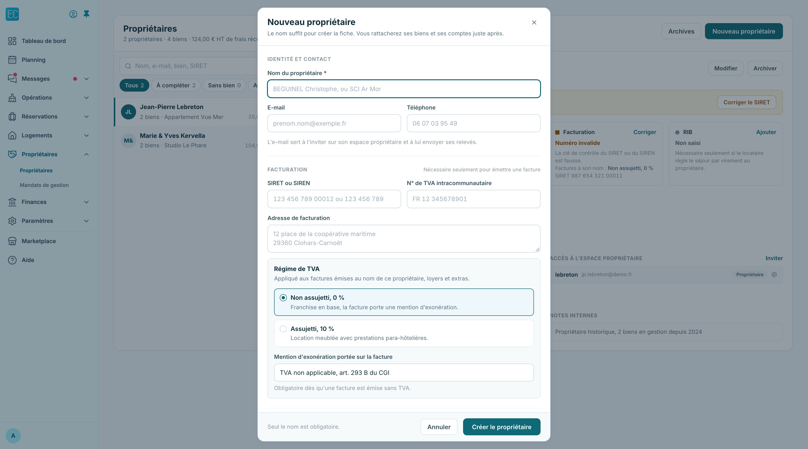Fenêtre Nouveau propriétaire : identité, contact, facturation et régime de TVA