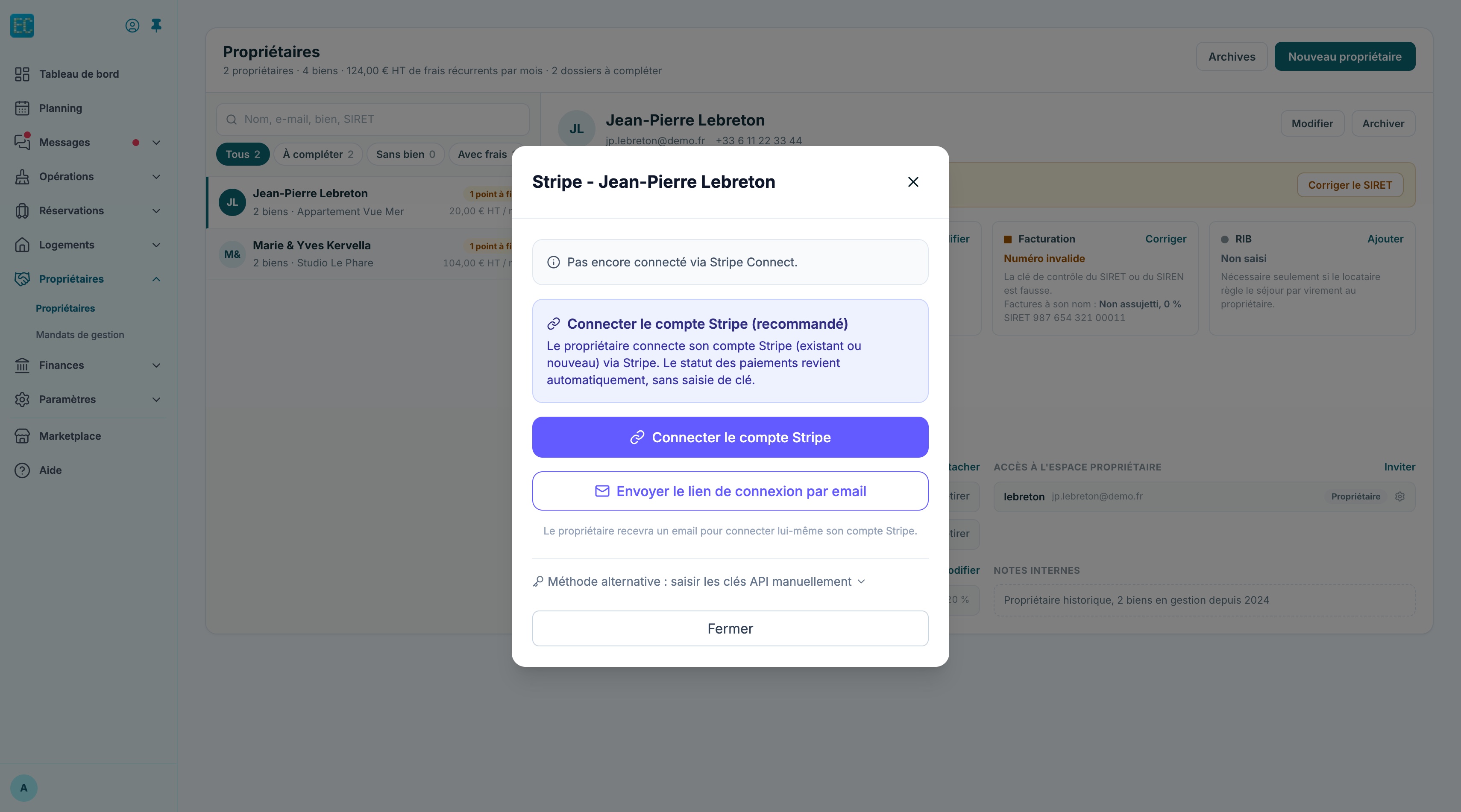 Fenêtre Stripe d'un propriétaire : connecter le compte Stripe ou envoyer le lien par e-mail
