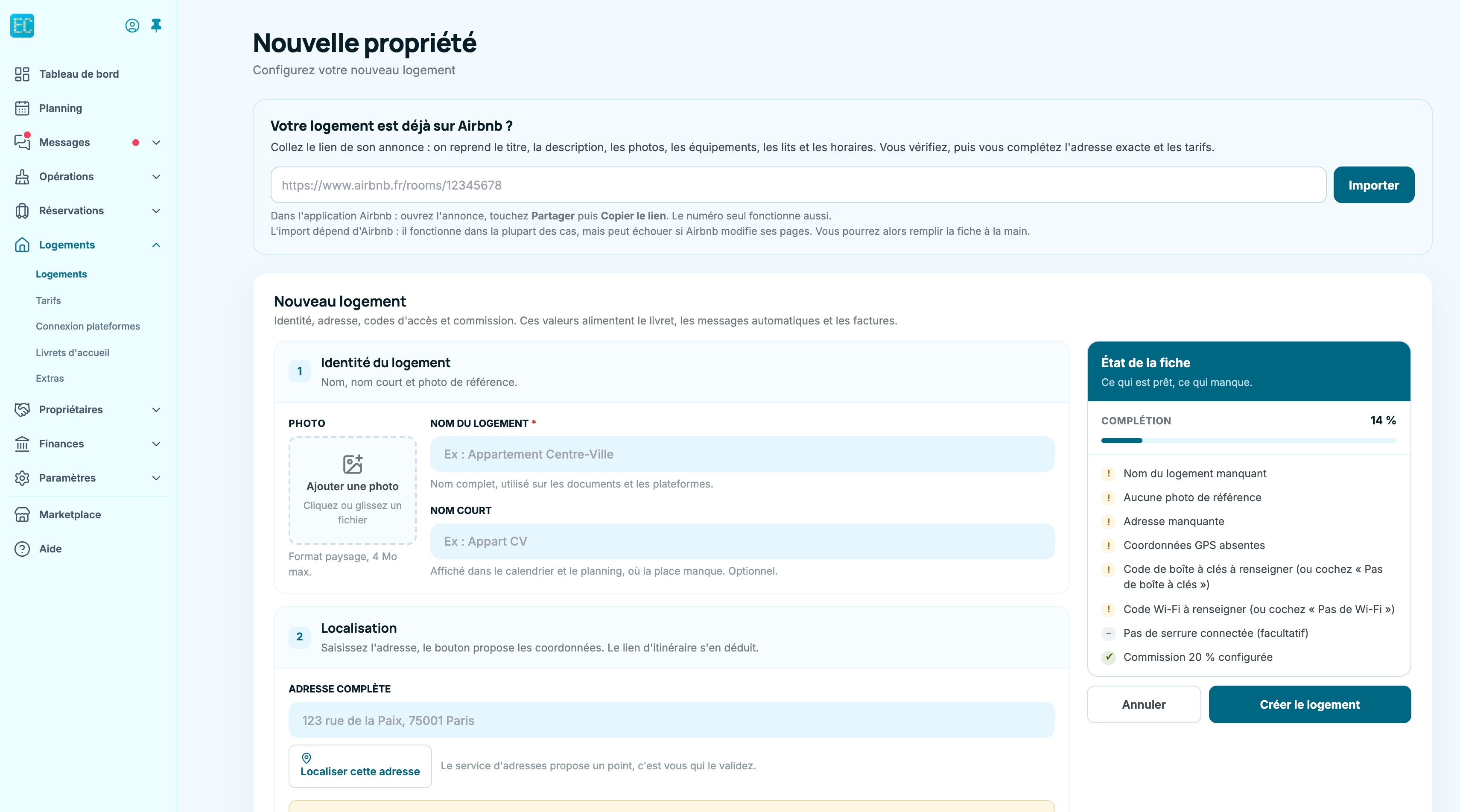 Formulaire Nouvelle propriété : encadré d'import de l'annonce Airbnb, identité du logement et état de la fiche