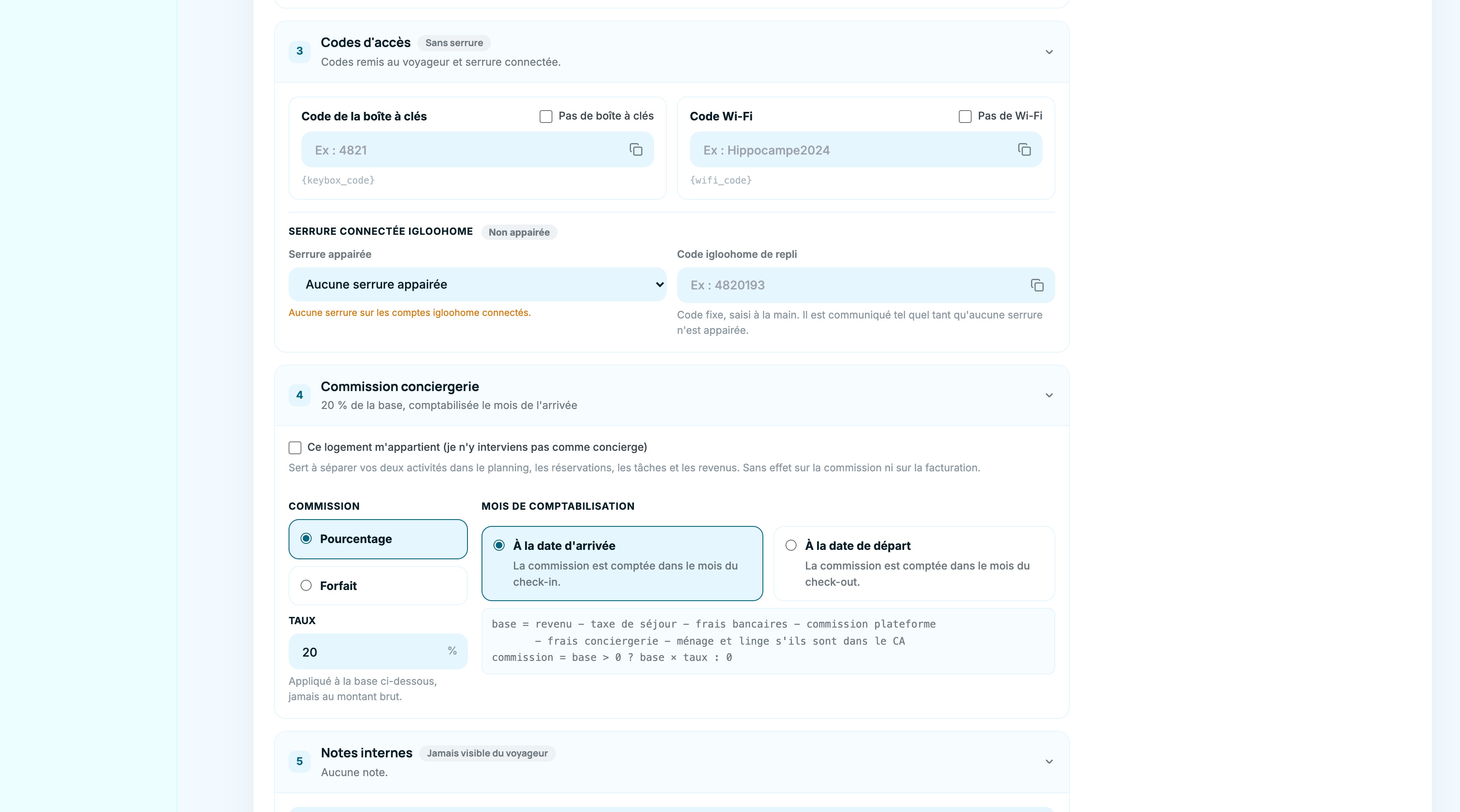 Formulaire de création : codes d'accès, serrure igloohome, commission conciergerie et notes internes