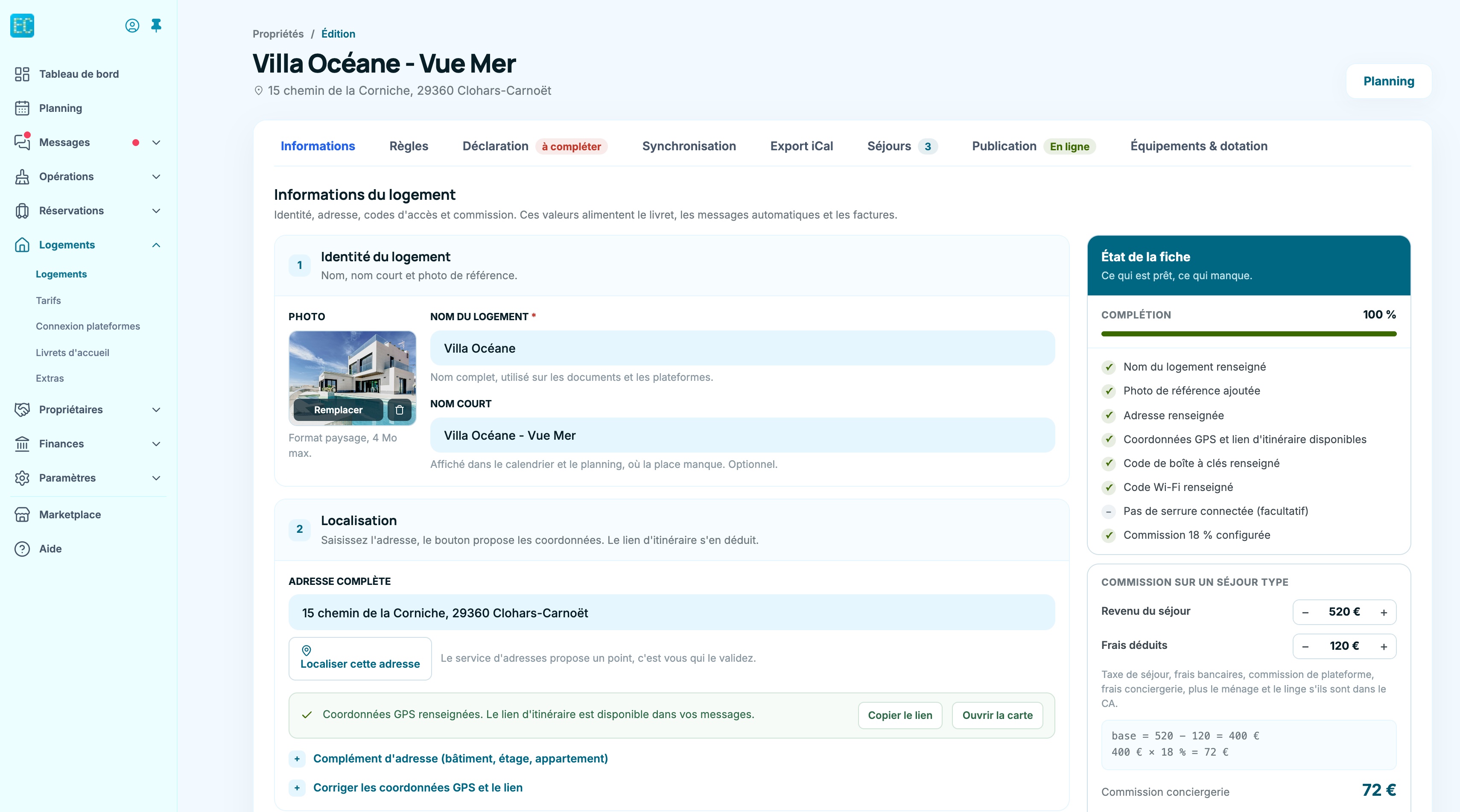 Onglet Informations : identité, localisation, codes d'accès, état de la fiche et simulation de commission