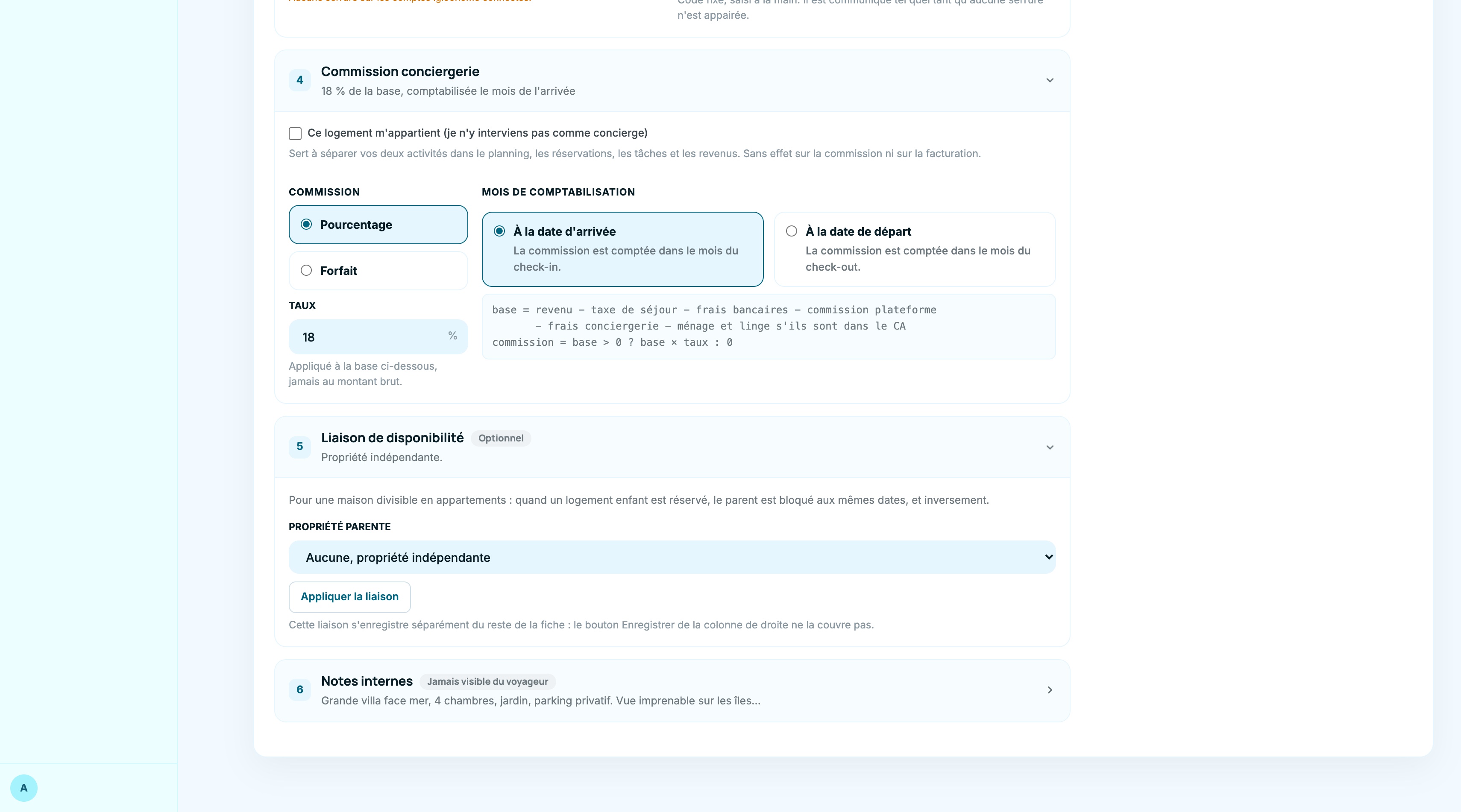 Onglet Informations : commission conciergerie et liaison de disponibilité avec une propriété parente