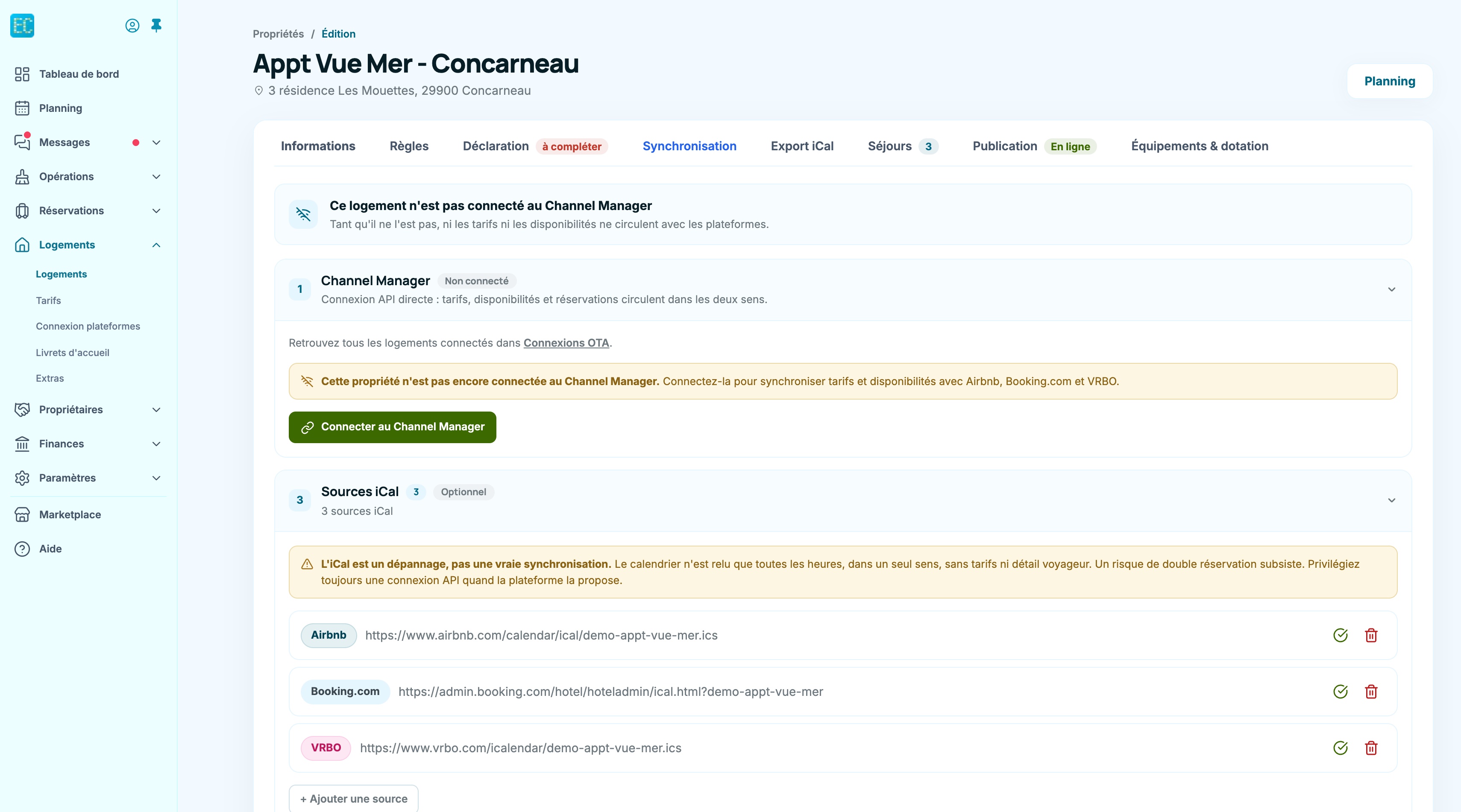 Onglet Synchronisation : connexion au Channel Manager, sources iCal et zone dangereuse