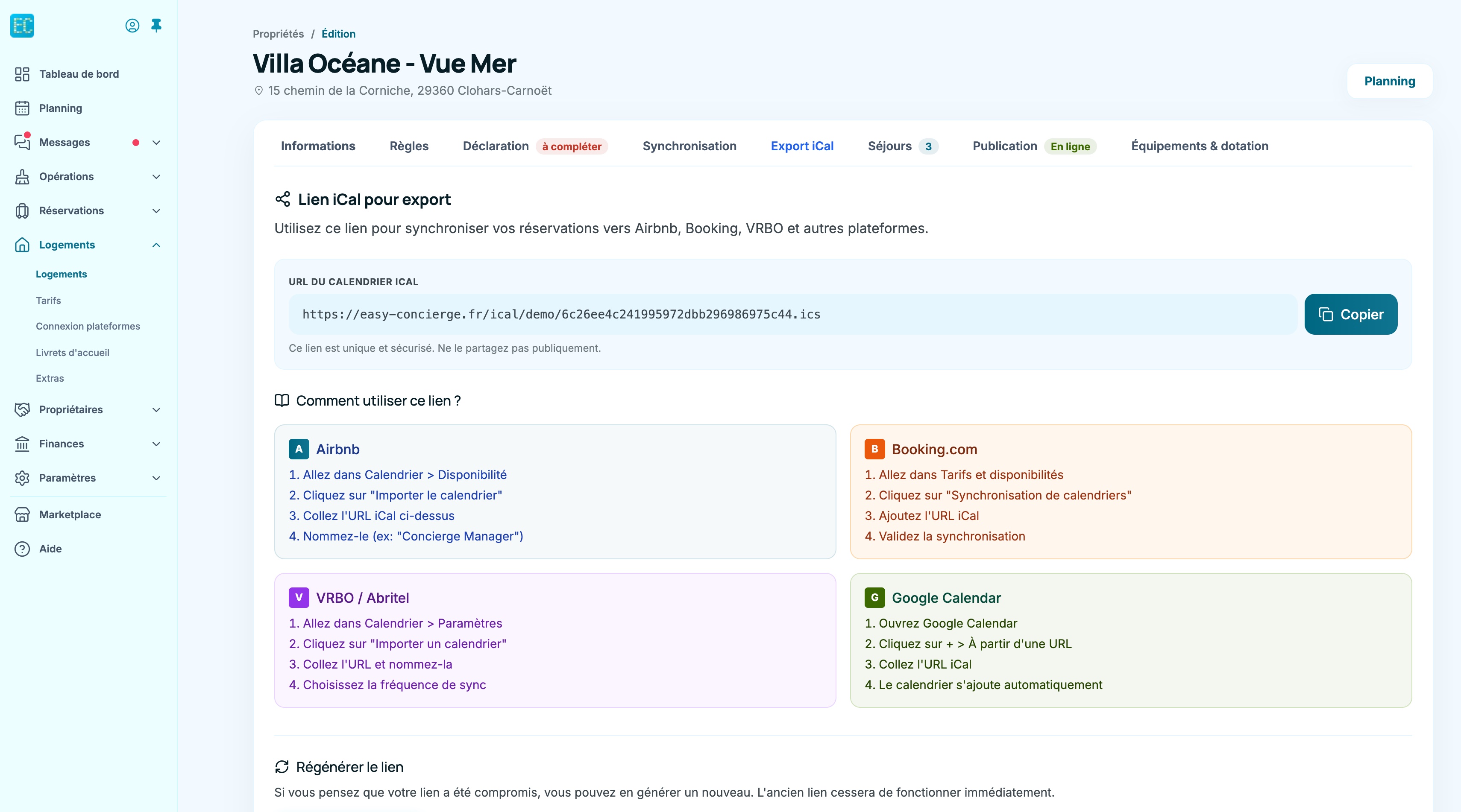 Onglet Export iCal : URL du calendrier, instructions par plateforme et régénération du lien