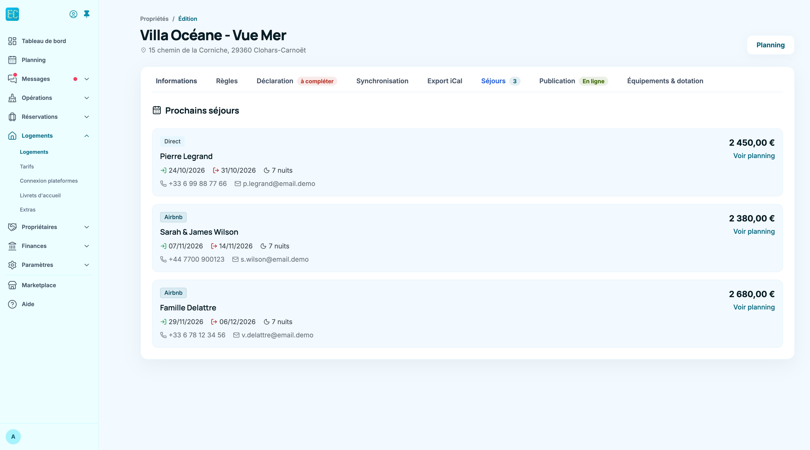 Onglet Séjours : liste des prochains séjours avec source, dates, contact et montant